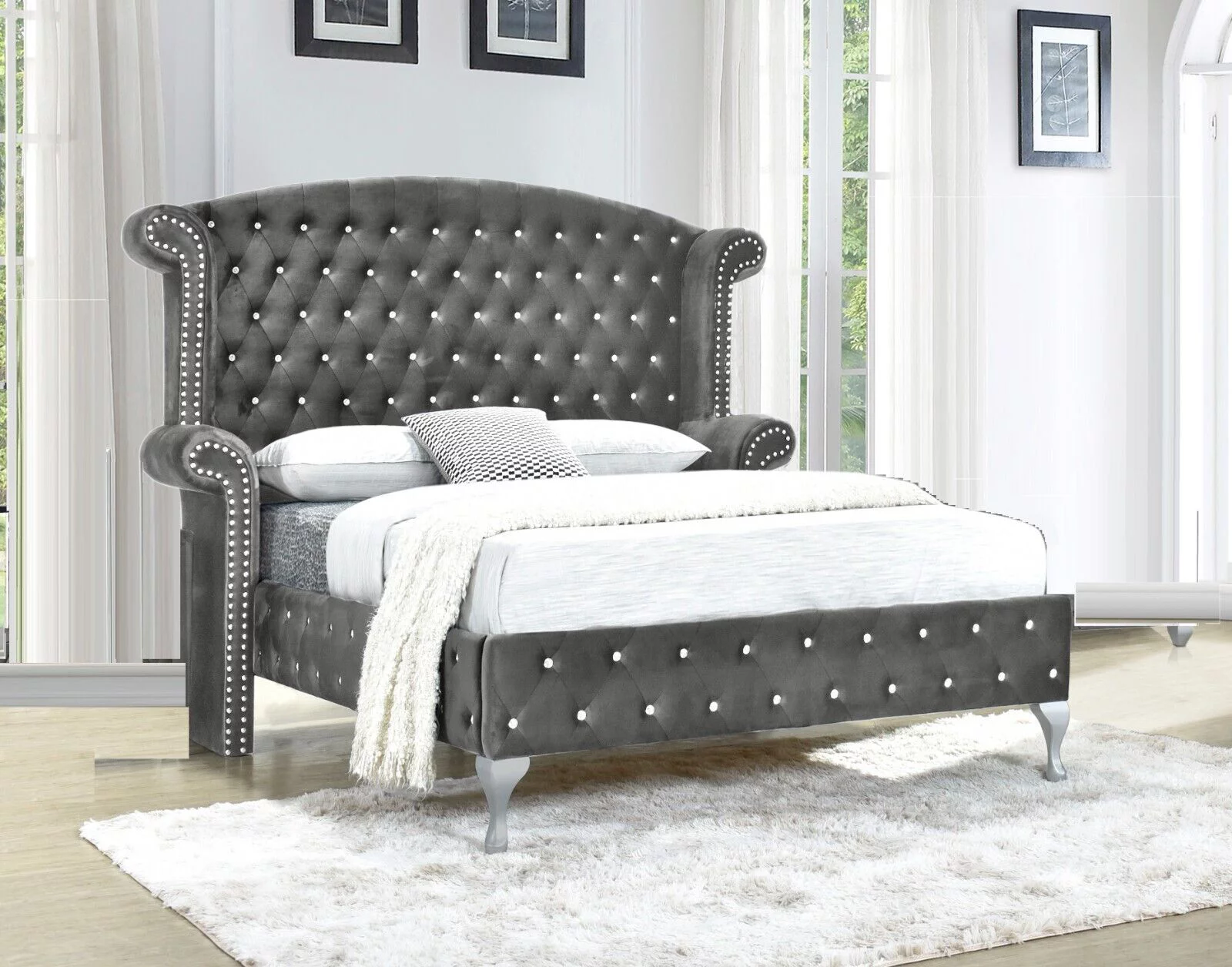 Modern 3Pc Queen Size Bed Nightstands Set Master Bedroom Furniture Gray Velvet Upholstery