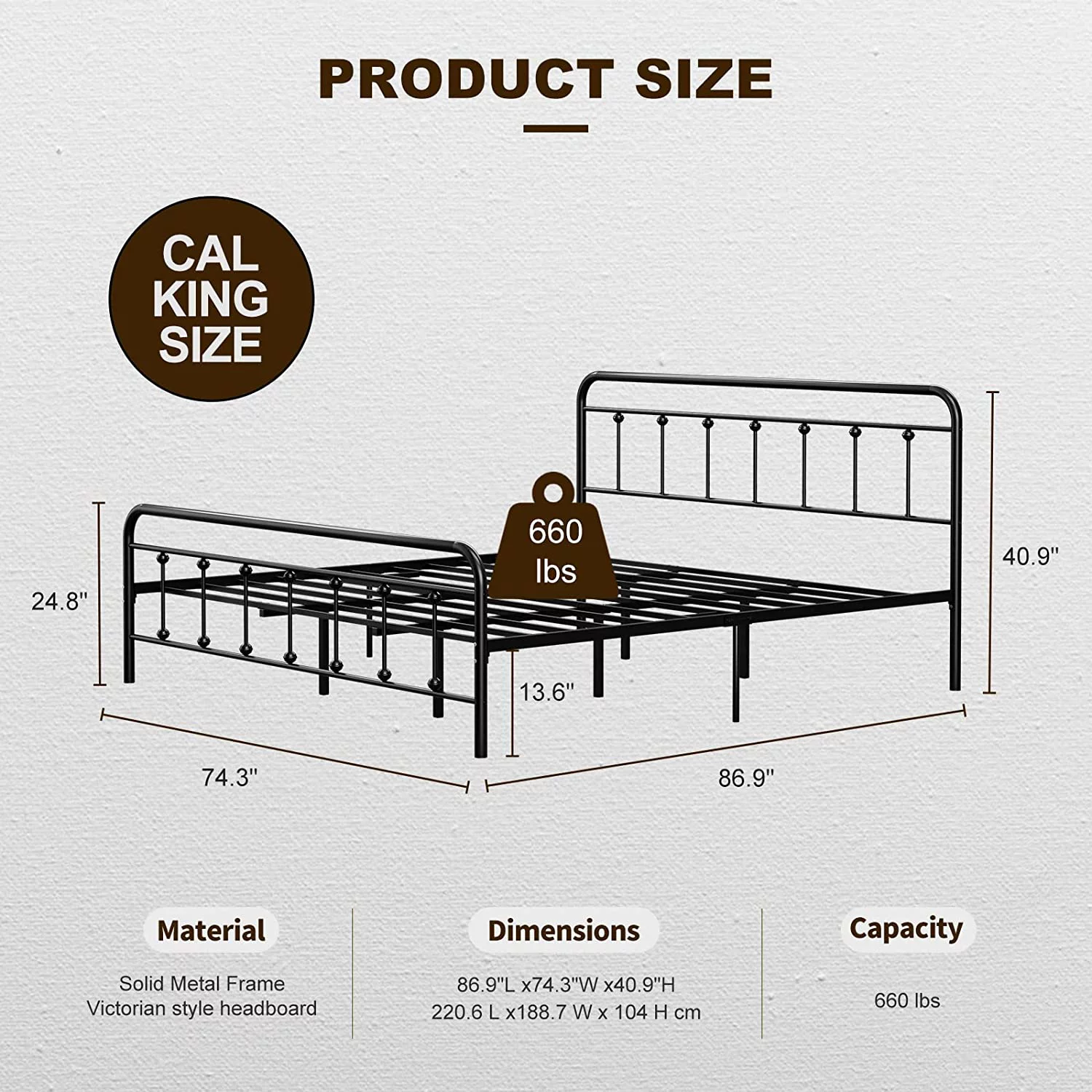 IKIFLY California King Size Metal Bed Frame with Headboard & Footboard - Strong Steel Slats - Mattress Foundation - Victorian Vintage Style - No Box Spring Needed - Black / Cal King