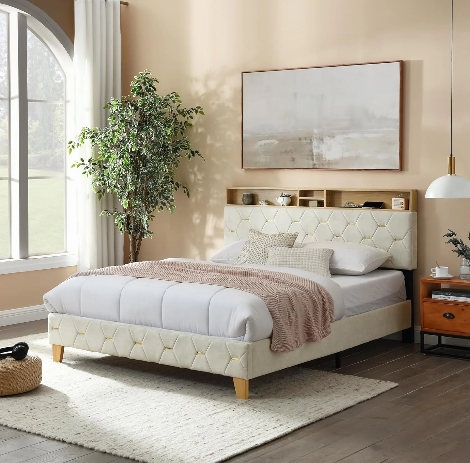 Queen Size Platform Bed Upholstered Platform Beds With Shelf Headboard, Queen Bed With Outlet & USB Ports, Wood Legs For Bed Room, No Box Spring Needed (Beige)