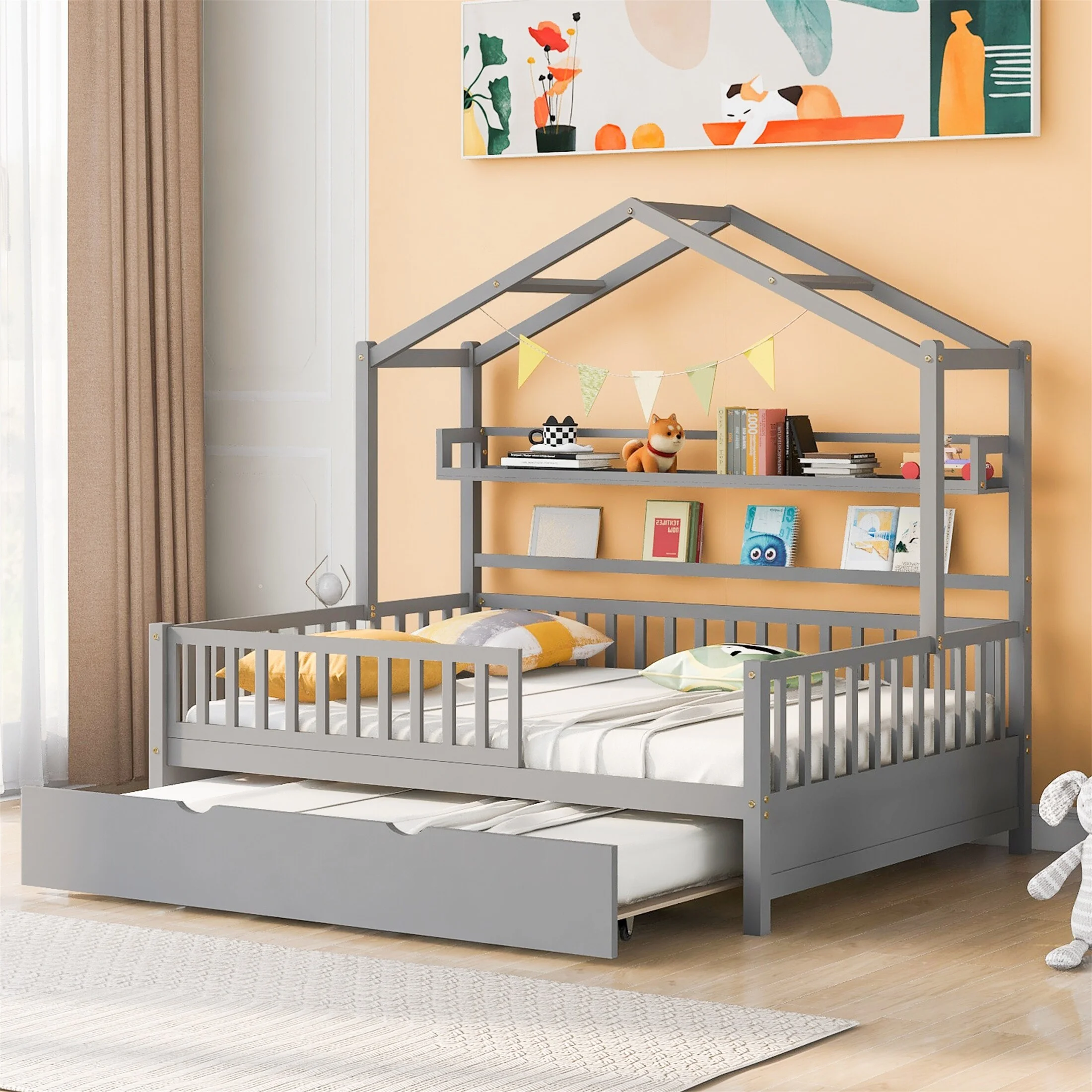 YJTONWIN Wooden Full Size House Bed with Twin Size Trundle Kids Bed with Shelf Grey