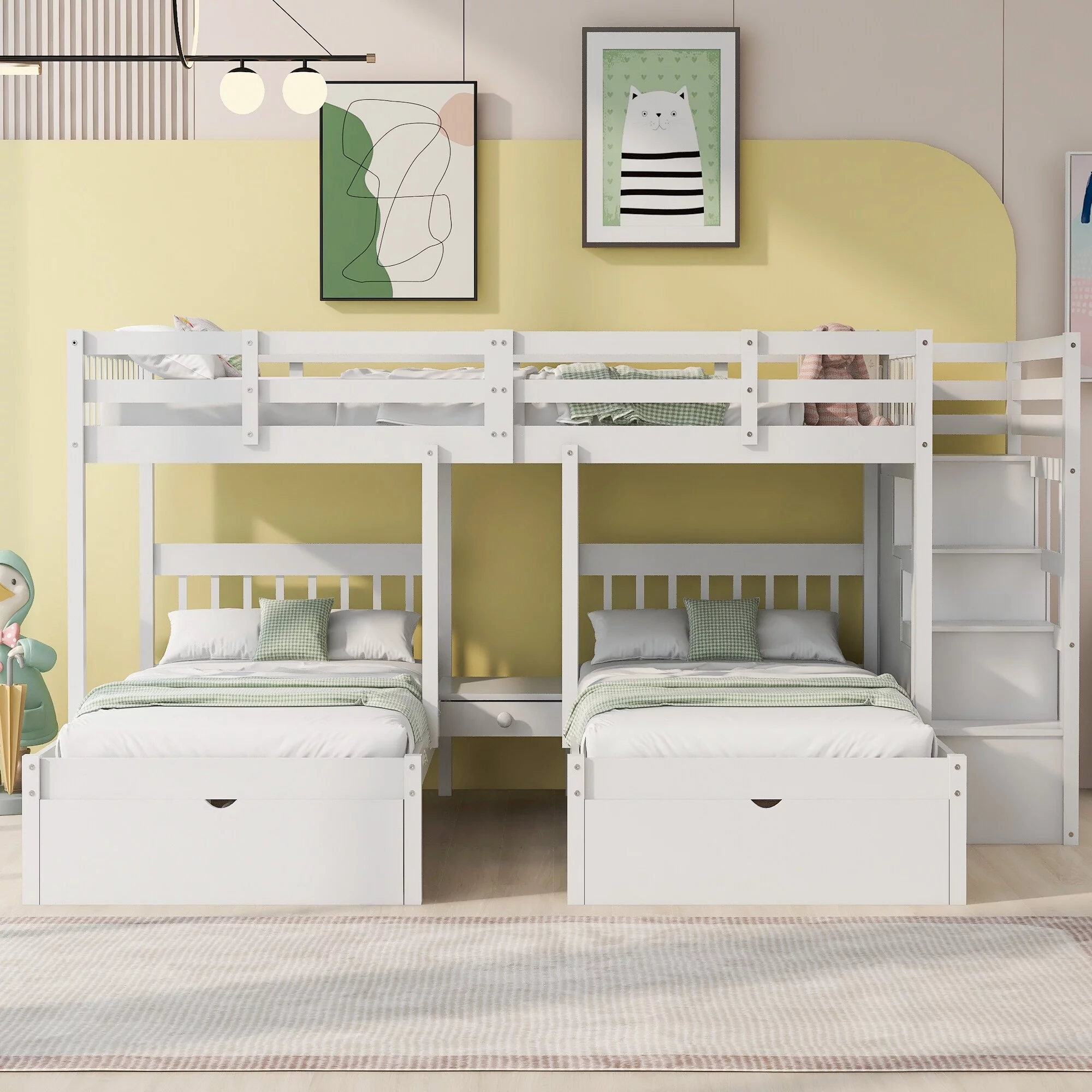 Wood Triple Bunk Bed with Guardrails, Full Over Twin & Twin Bunk Bed White