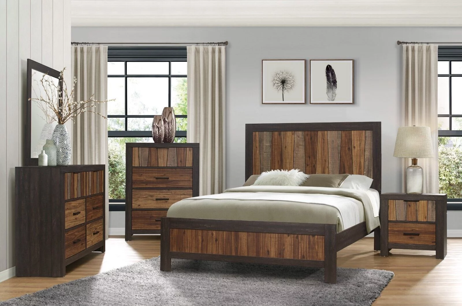 Unique Style Multi-Tone Bedroom 4pc Set Full Size Bed Nightstand Dresser Mirror Modern Furniture