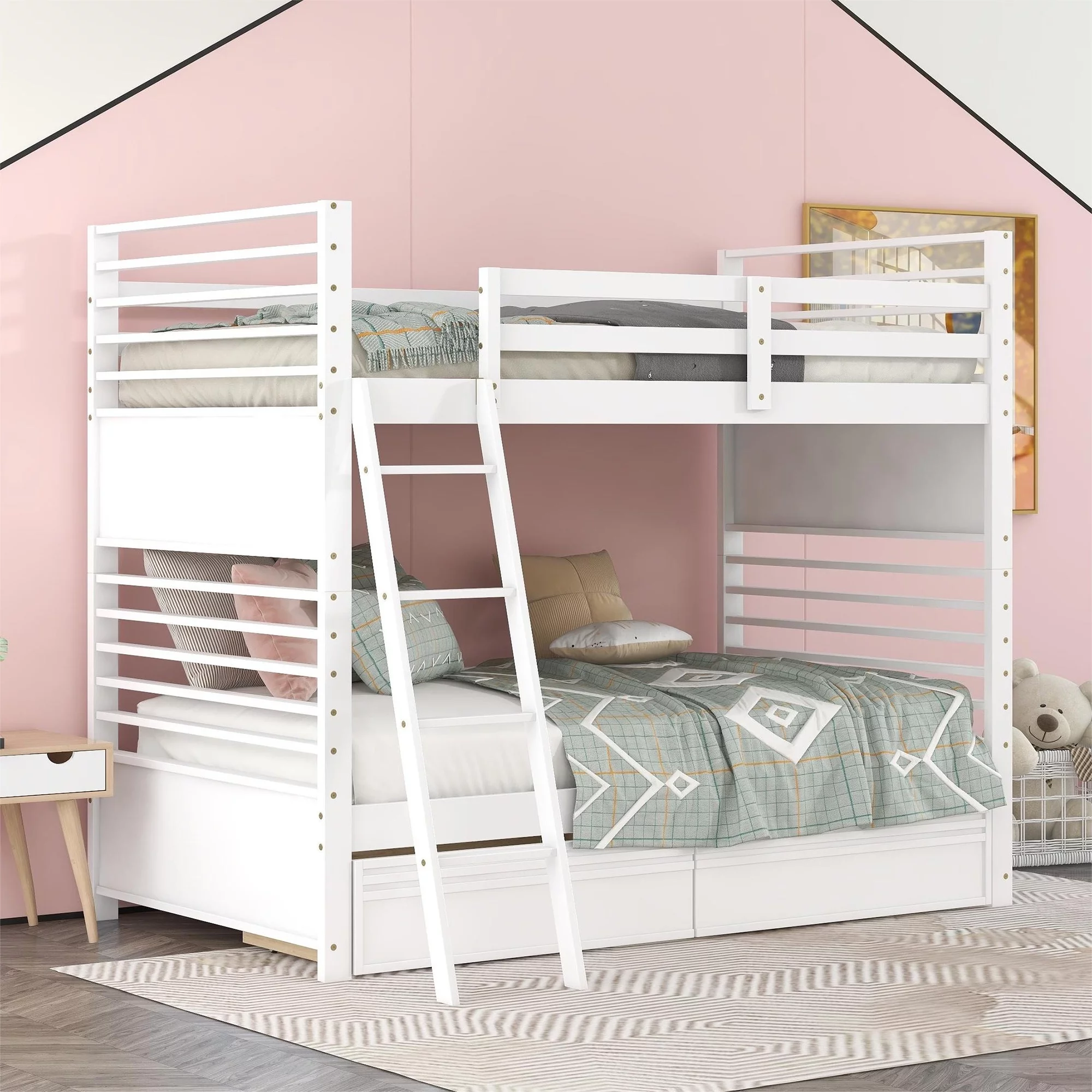 Dawn Whisper Twin over Twin Wood Bunk Bed with Two Drawers, White