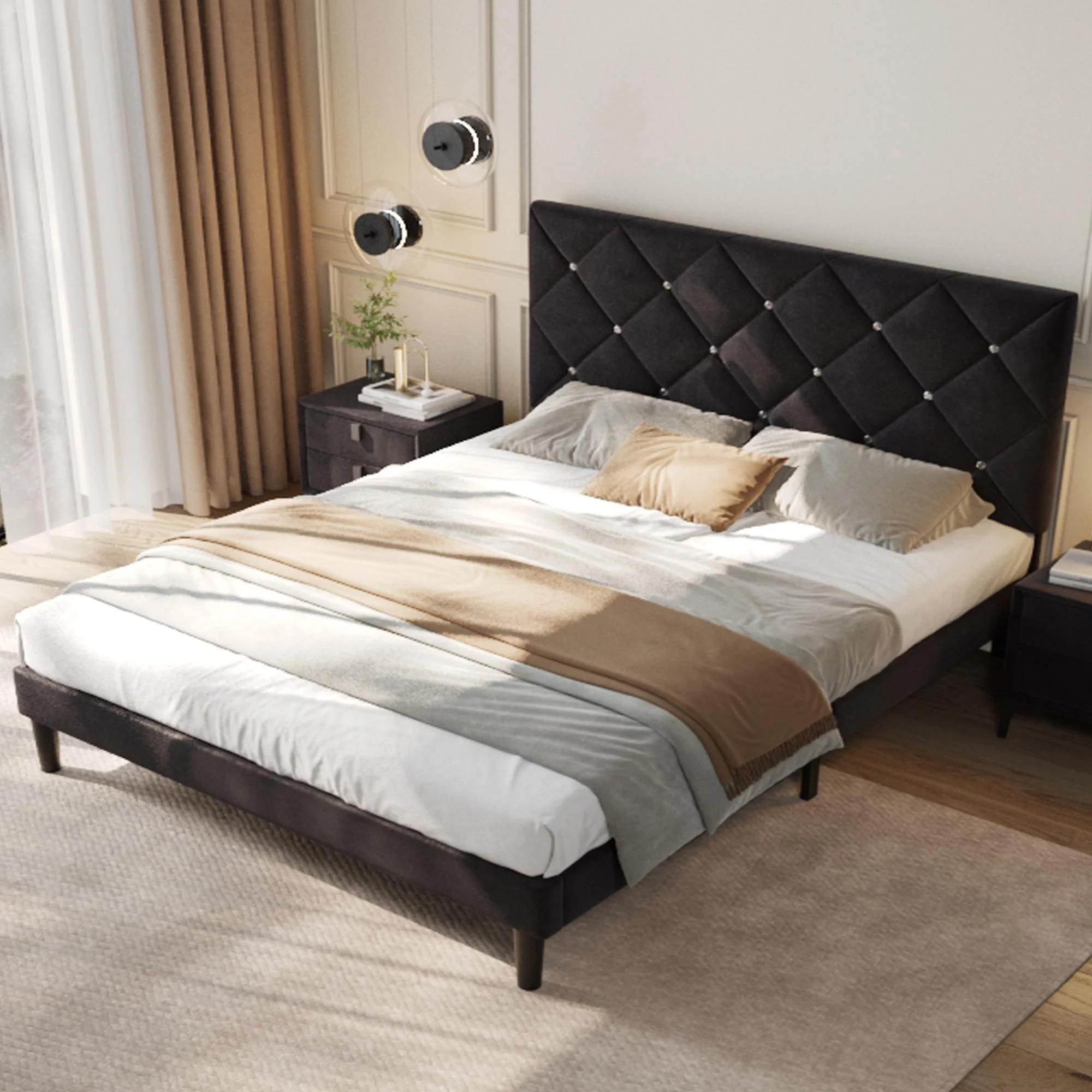 Sesslife Black Platform Bed Frame, Queen Size Upholstered Platform with Headboard and Strong Wooden Slats, No Box Spring Needed, Easy Assembly