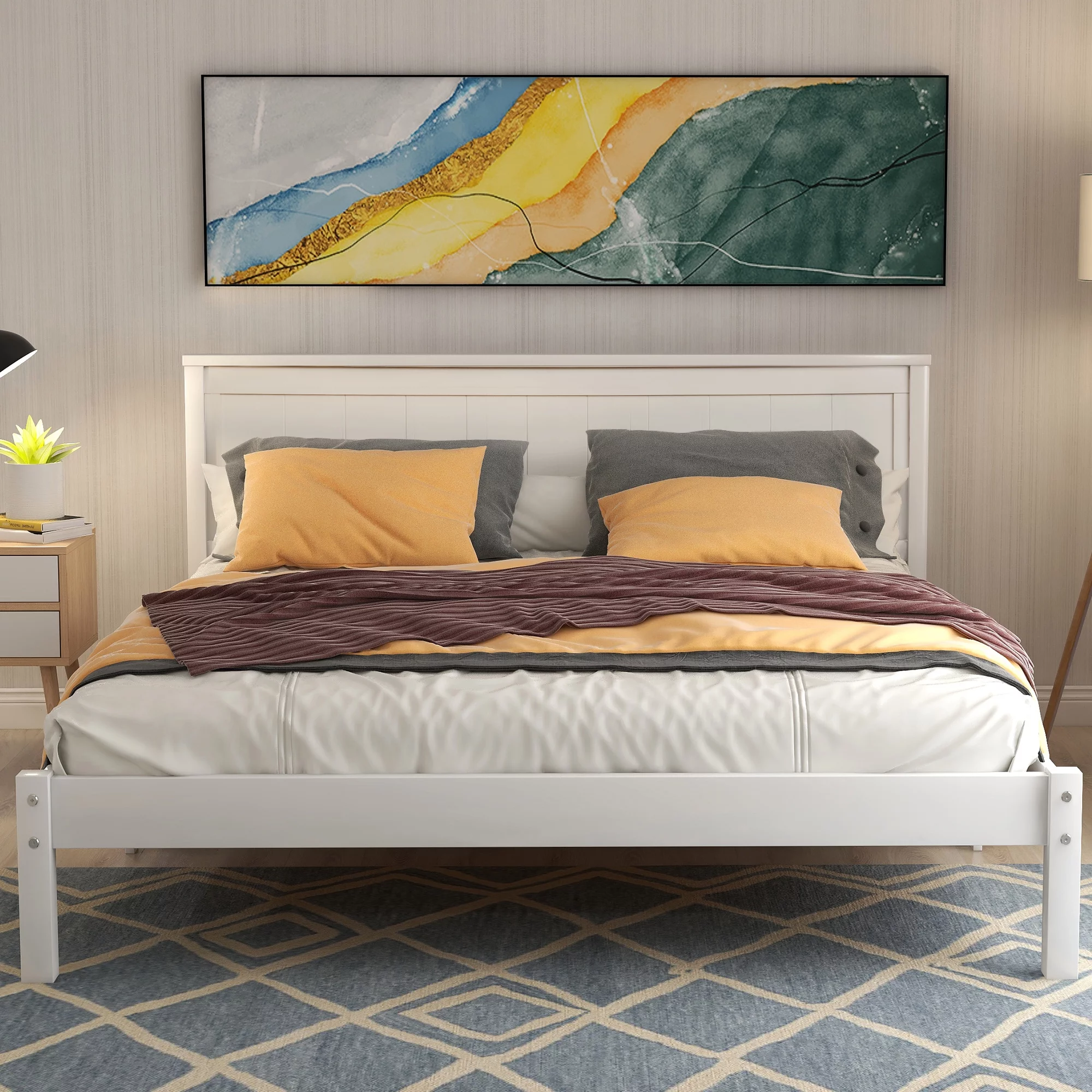 Euroco Full Size Platform Bed, Solid Wood Frame Bed with Headboard and Slats for Kids Teens Adults, No Box Spring Needed, White