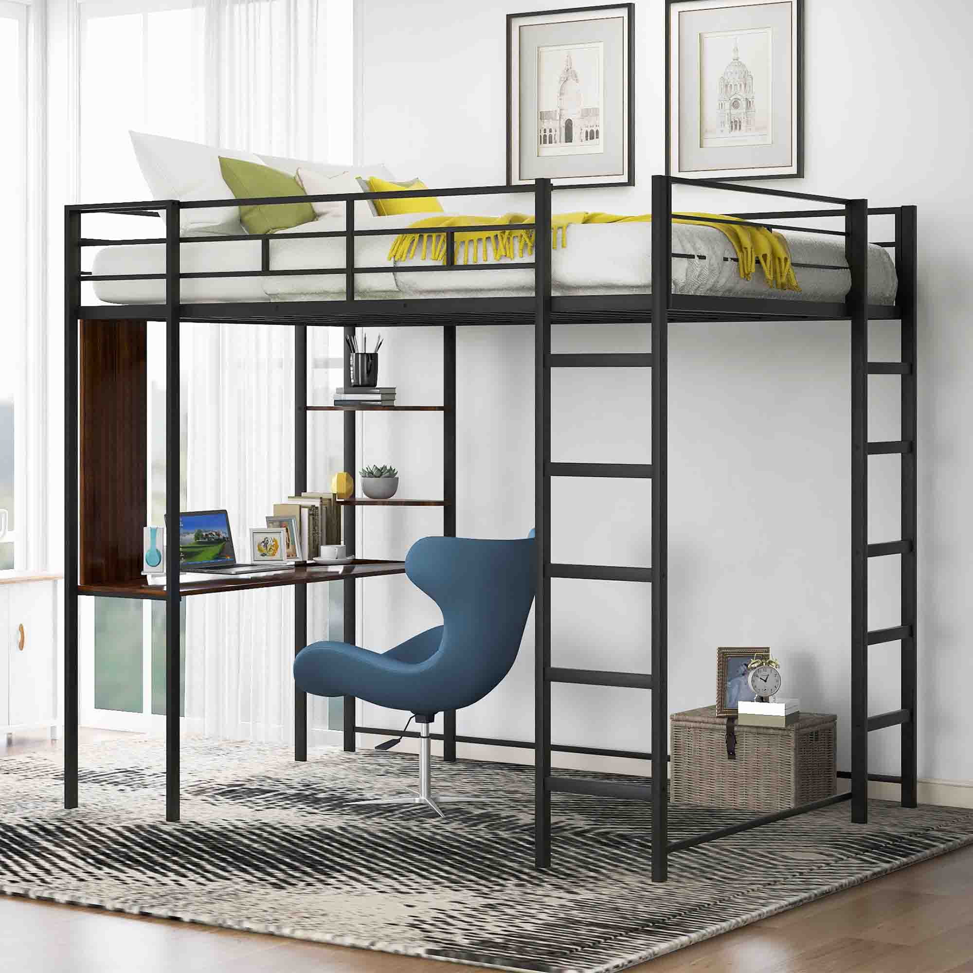 Gewnee Full Size Metal Loft Bed with Desk and Two Ladders for Kids and Teens,Black