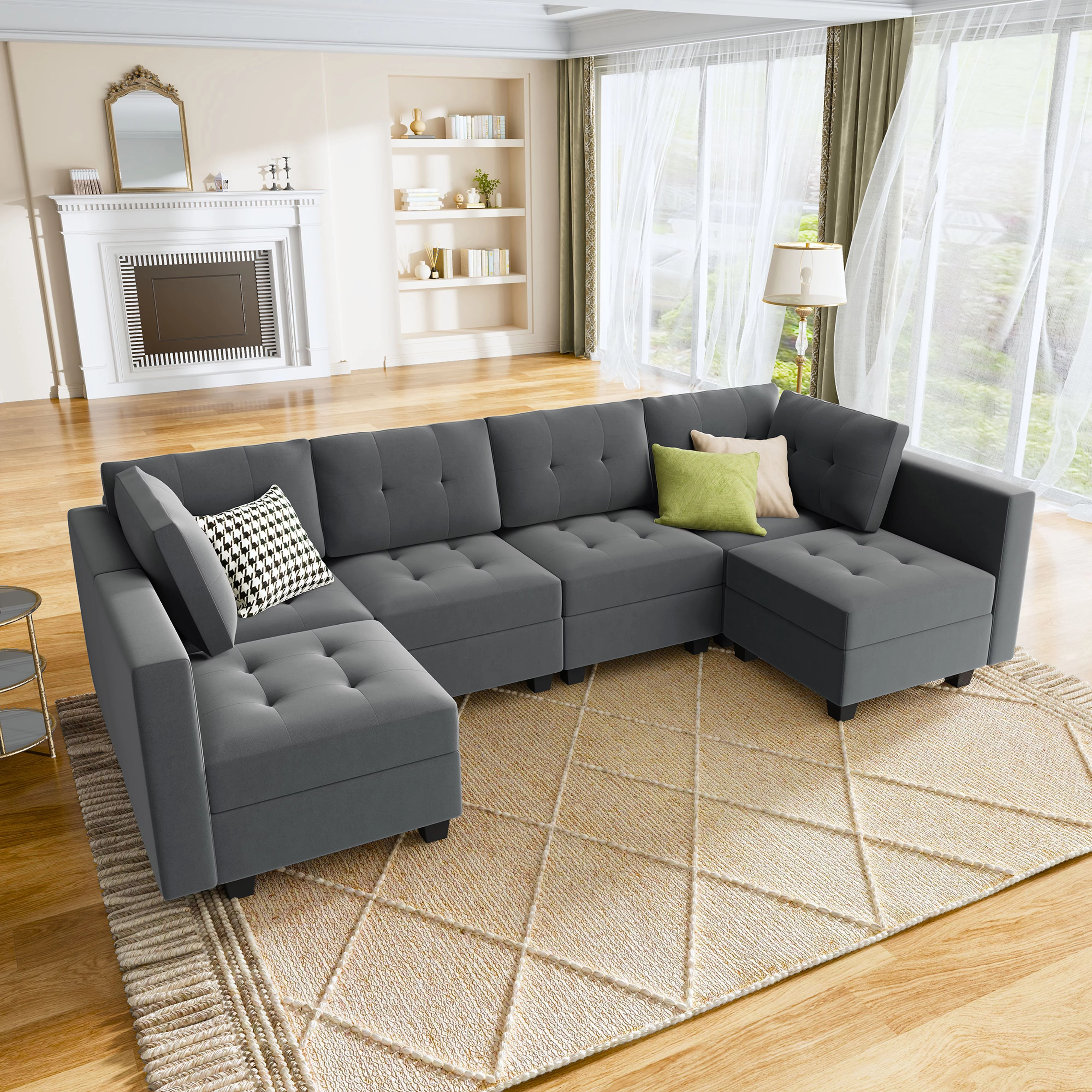 HONBAY Velvet Modular Sectional Sofa Couch Sets with Storage Ottoman with Tufted Design for Home Room, Bluish Grey