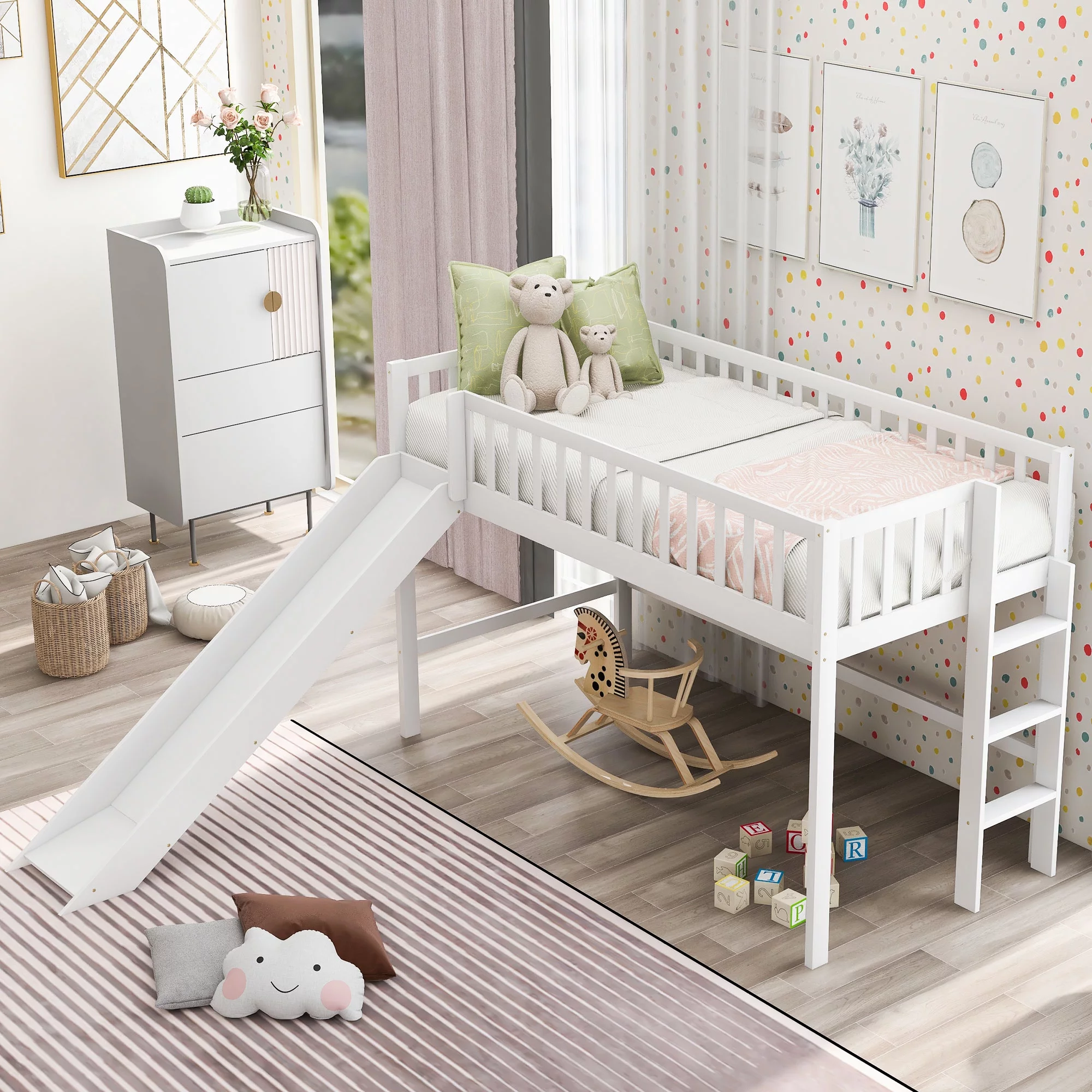 ikayaa Twin Size Low Loft Bed with Ladder and Slide,White