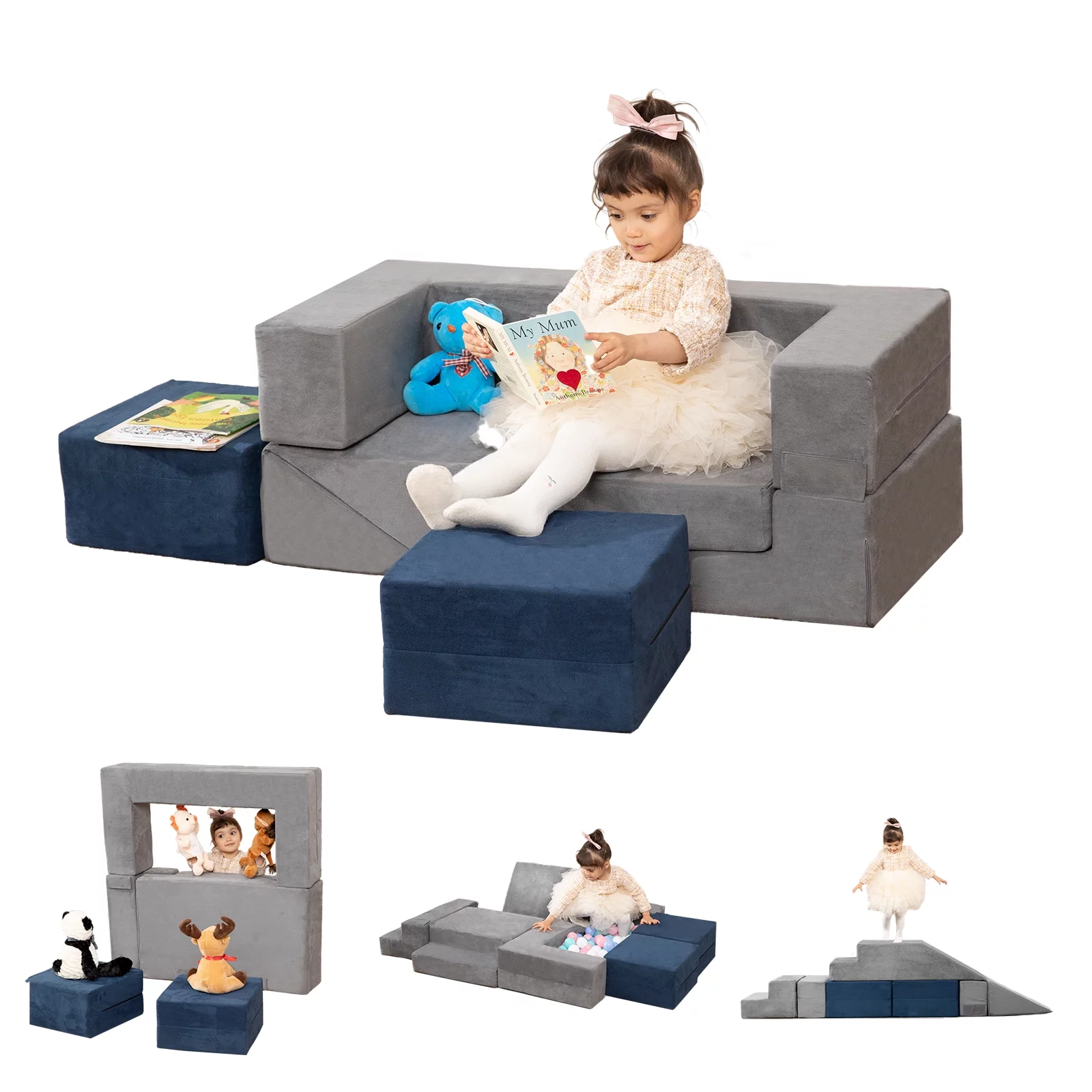 LOAOL 3-in-1 Multi-Functional Play Couch for Playroom, Kids Play Sofa Kids Loveseat, Step and Slide Climber Crawl (Grey & Blue)