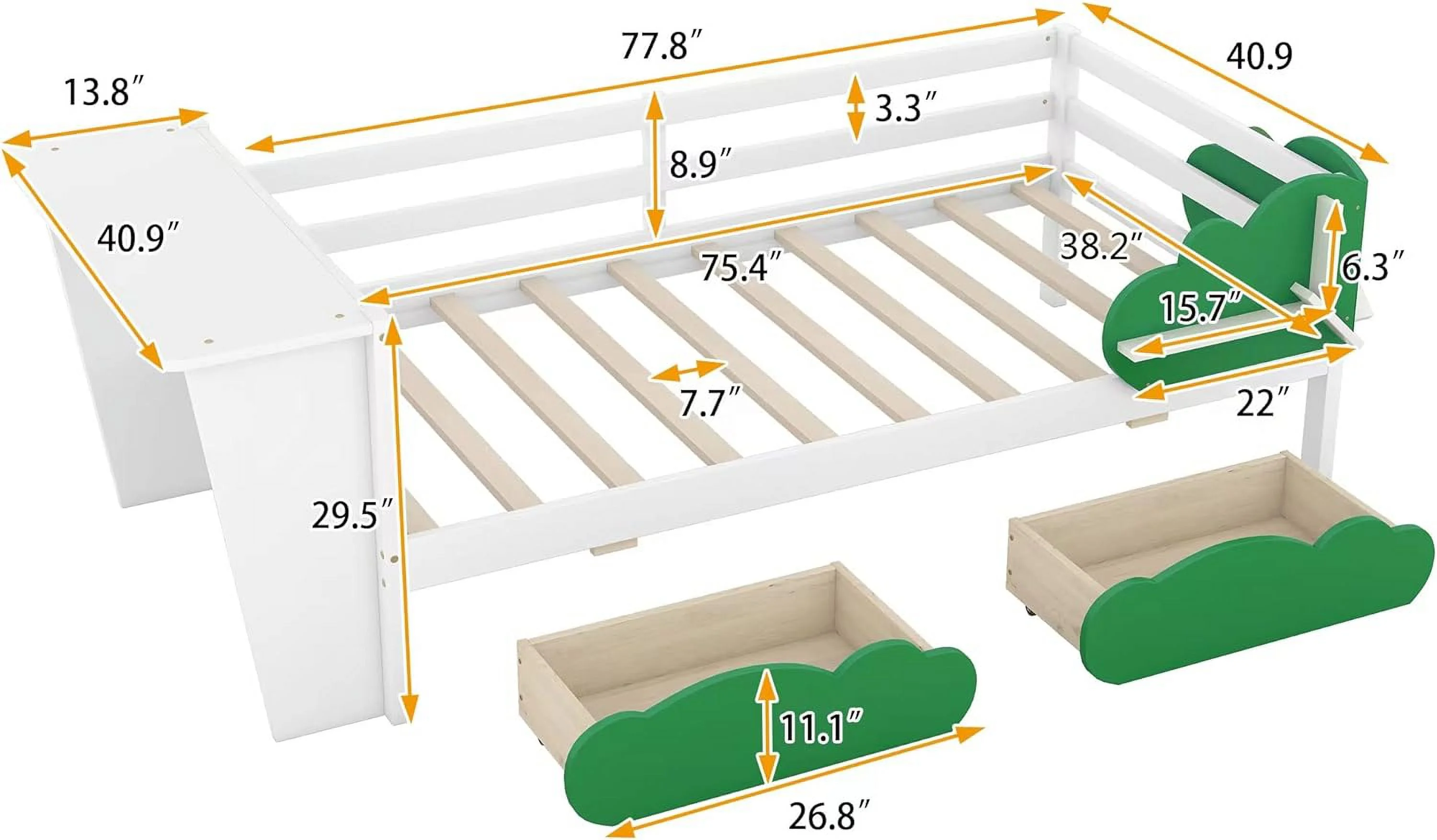 Daybed With 2 Drawers, Wood Size Daybed With Desk,Green Shelves, Storage Bed With Wood Slat Support For Kids Girls Boys, White