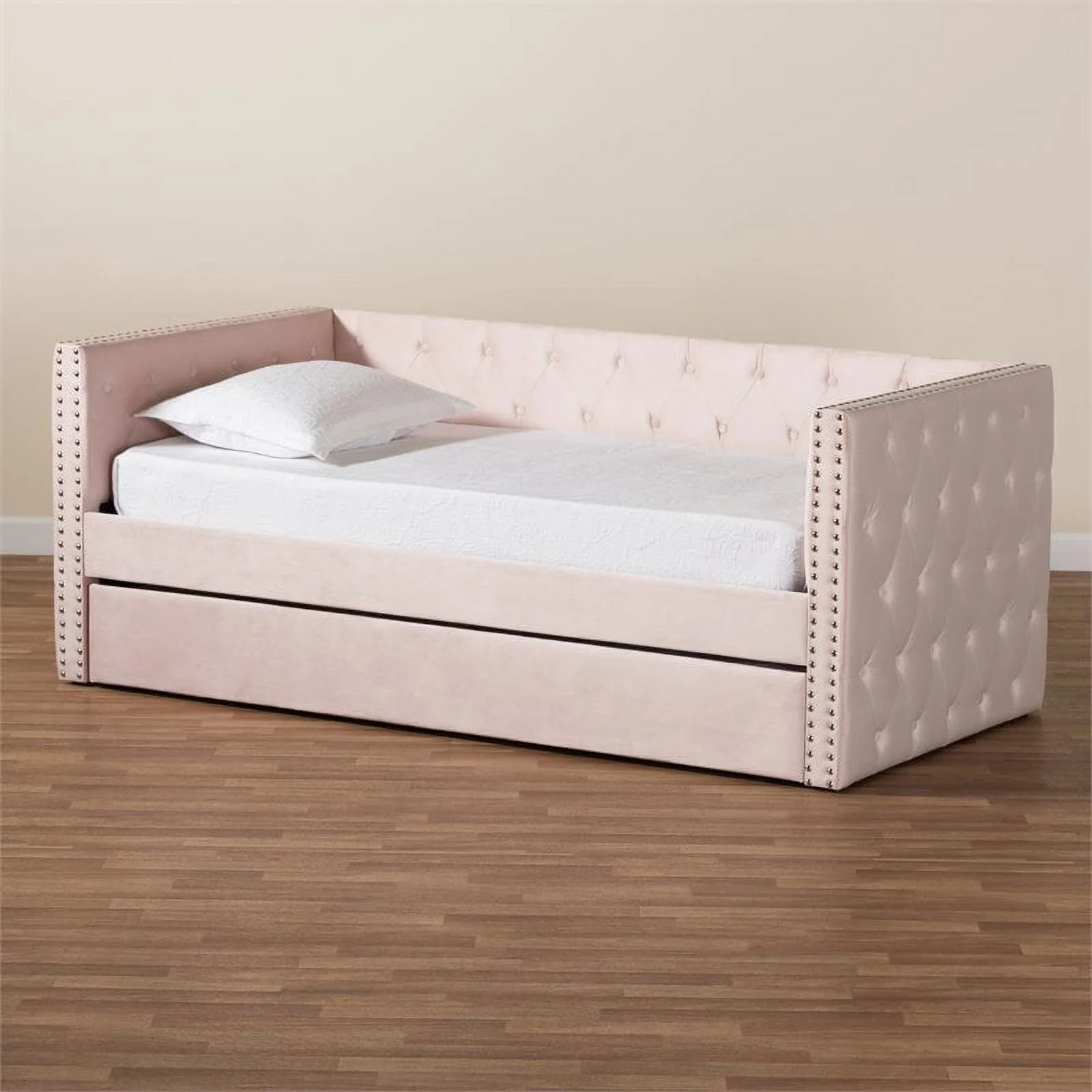 Bowery Hill Contemporary Pink Velvet Upholstered Twin Size Daybed with Trundle