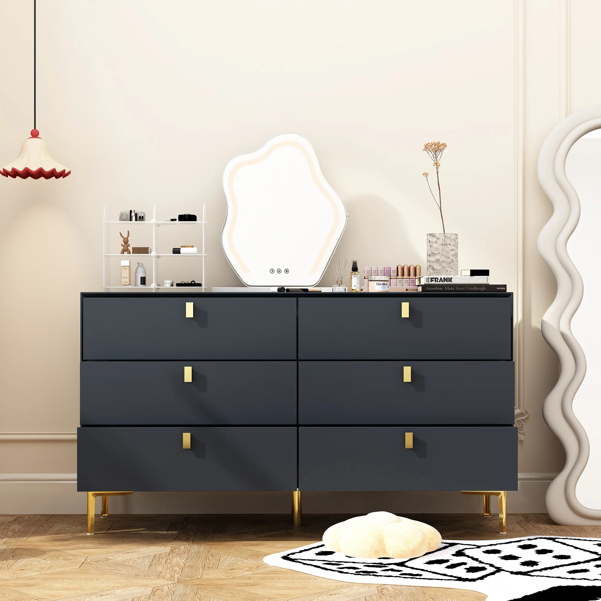 Dresser 6 Drawer Wood Dresser for Bedroom with Storage Modern Gold Navy Blue