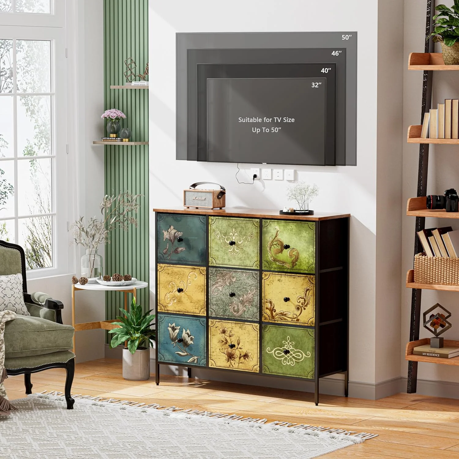 Drawer Dresser with 9 Fabric Drawers, Dresser Storage Organizer for Bedroom,Closet,Nursery,Living Room,Wide Storage Tower Unit with Steel Frame,Chest of Drawer, Wooden Top, Rustic Pattern