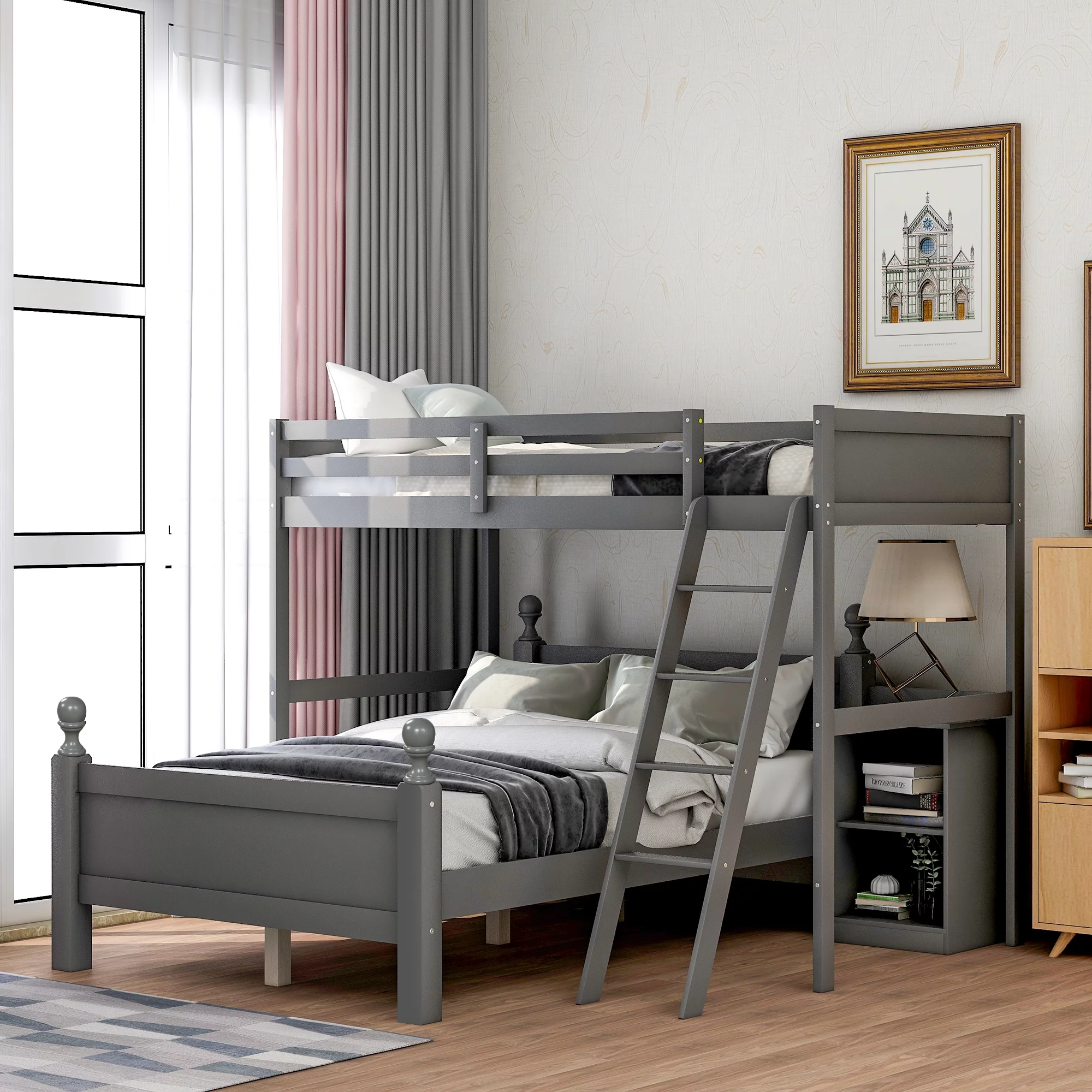 ikayaa Twin over Full Loft Bed with Cabinet, Gray