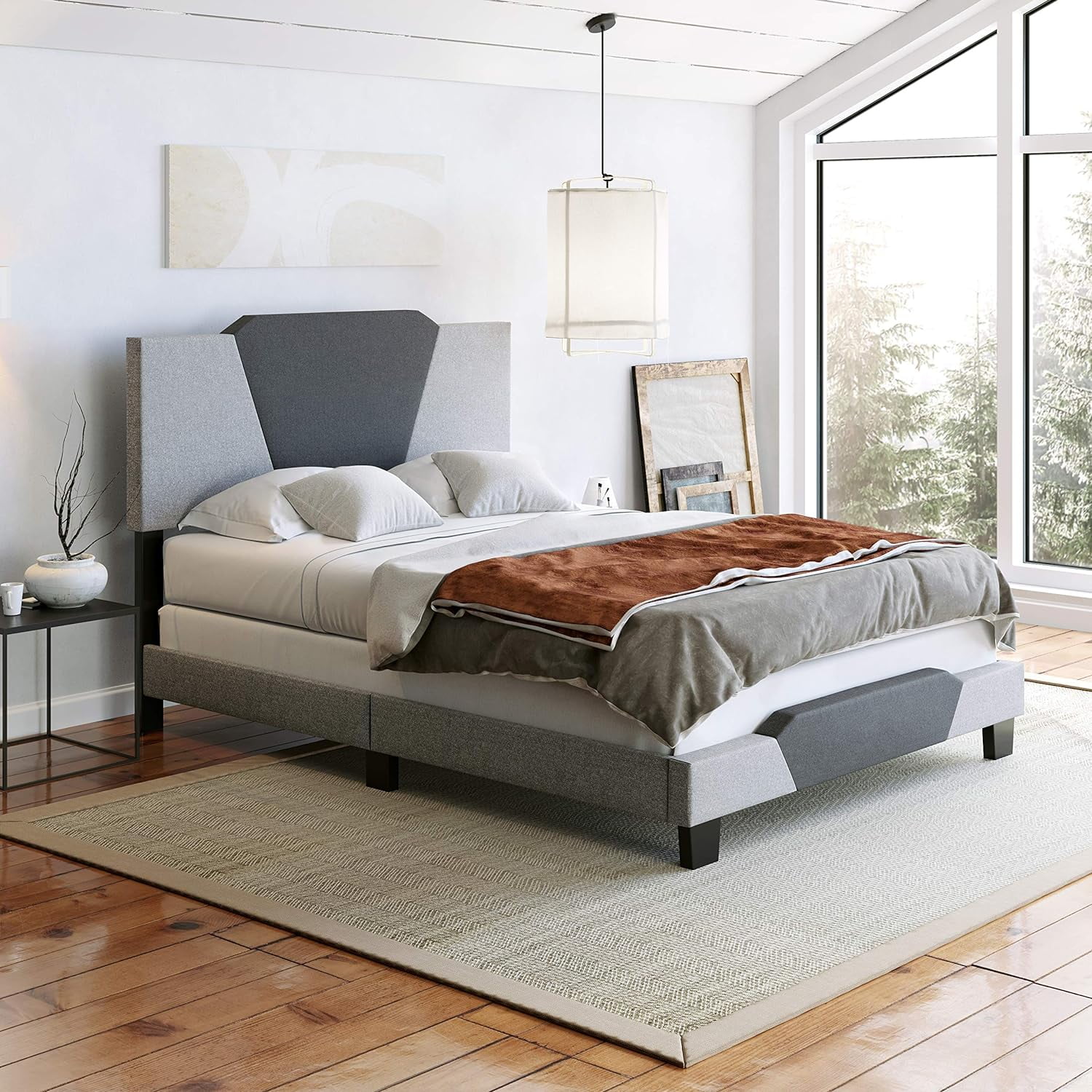 Tuscany Upholstered Platform Bed Frame Mattress Foundation With Headboard And Strong Wood Slat Supports: Linen, Grey/Charcoal, Queen