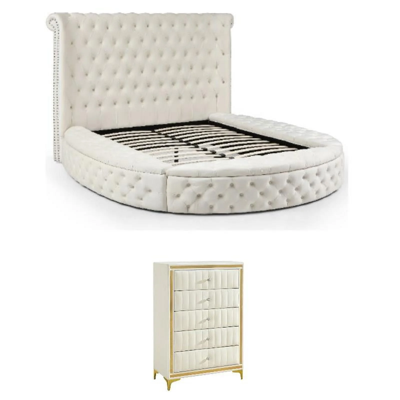 Home Square 2-Piece Set with Upholstered King Bed & 5 Drawer Chest in Cream