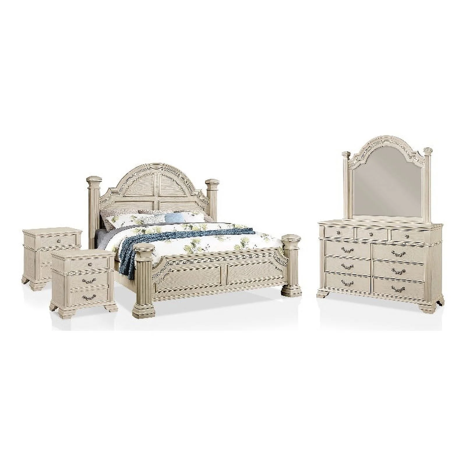 FOA Charo 5pc White Wood Bedroom Set-Cal King + 2 Nightstands + Dresser + Mirror