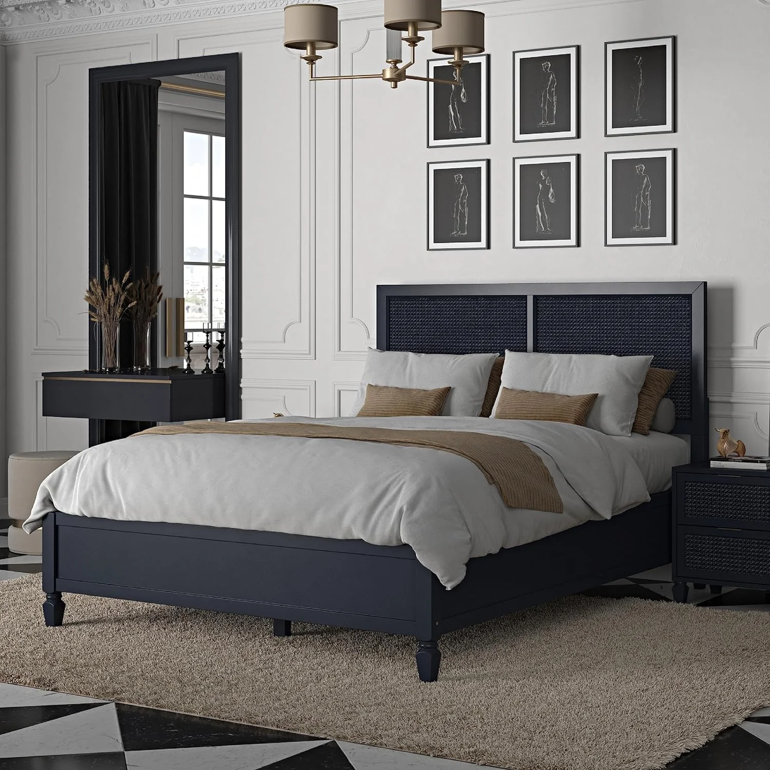 DG Casa Cove Queen Bed Frame - Black Wood Upholstered Platform, Full Slat, No Box Spring, Rattan Panels