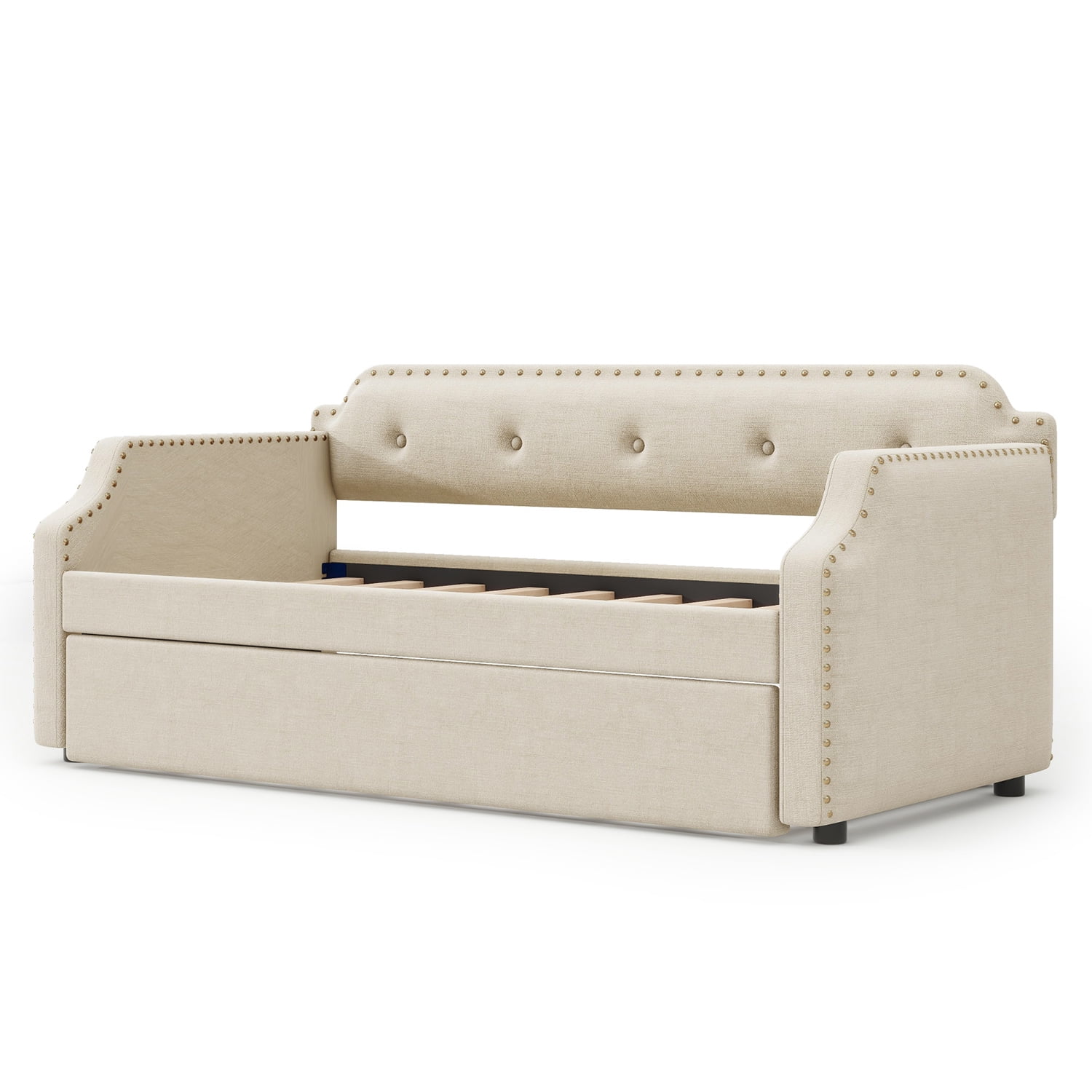 Modern upholstered sofa bed with wooden slat support + pulley design, trundle twin bed, Twin size for kids dorm, guest room, living room and bedroom