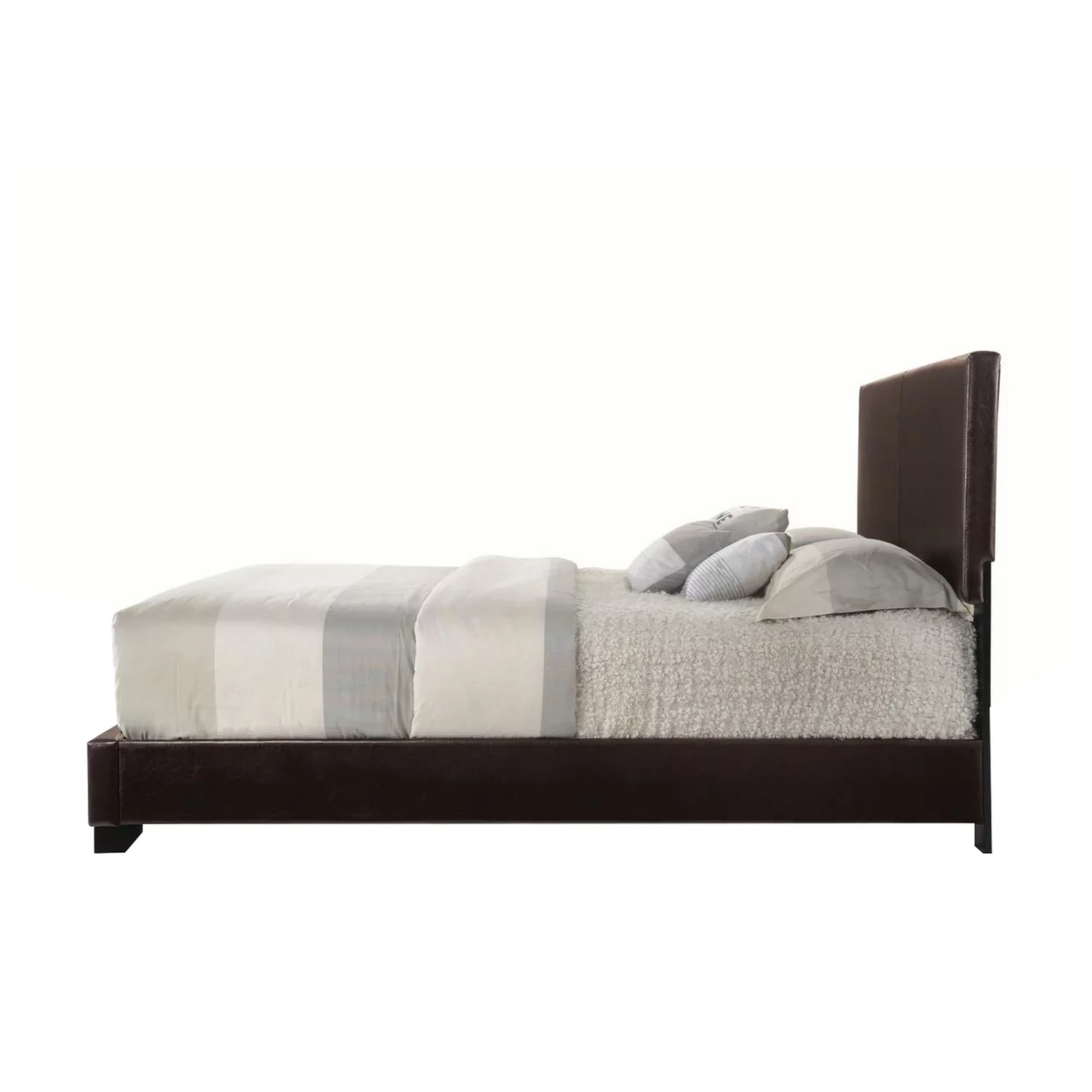 Faux Leather Eastern King Bed with Low Profile Footboard Espresso Brown- Saltoro Sherpi