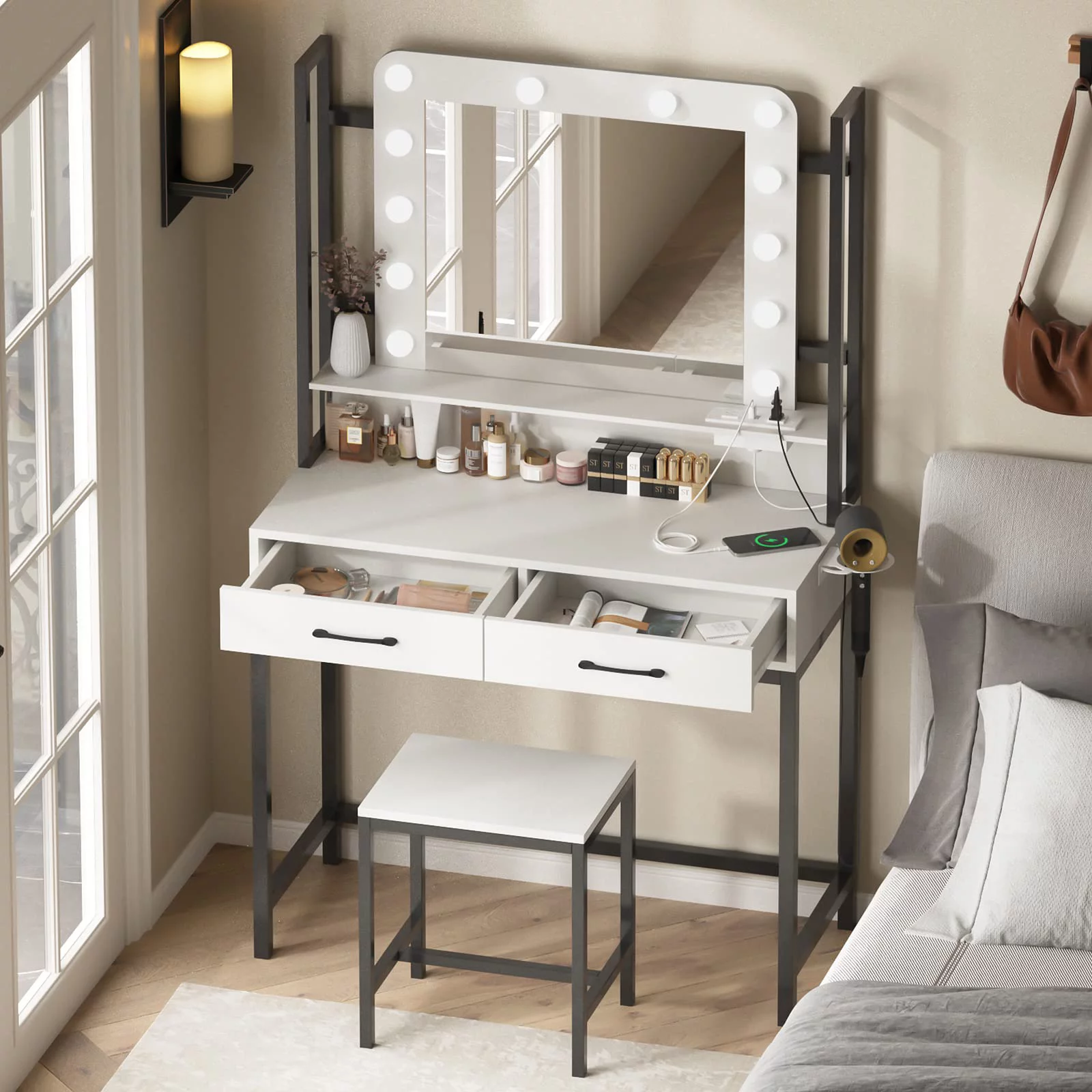 Veanerwood Vanity Set with 3 Colors Lighted Mirror, Makeup Table with Power Strip and Drawer, Dressing Table Makeup Desk with Stool, Modern, White