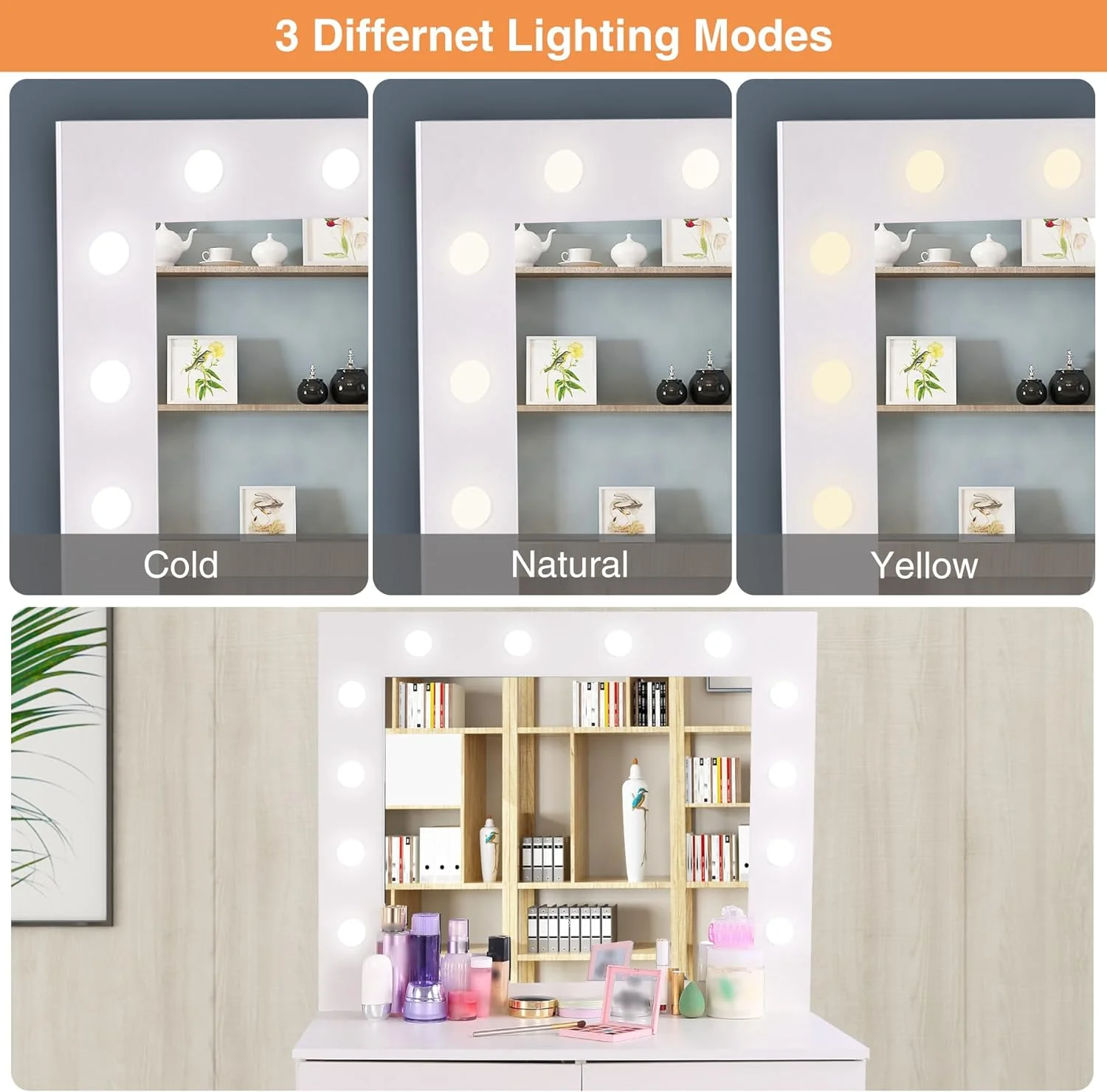 Lineslife Makeup Vanity with Lights,Vanity Desk with 2 Drawers and Cushioned Stool,3 Lighting Colors,White