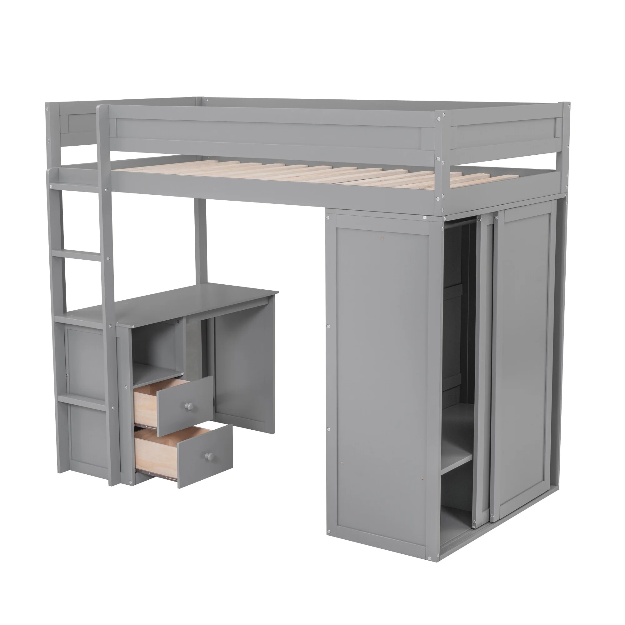 Space-Saving Solid Wood Loft Bed with Built-In Desk & Wardrobe Grey - Twin