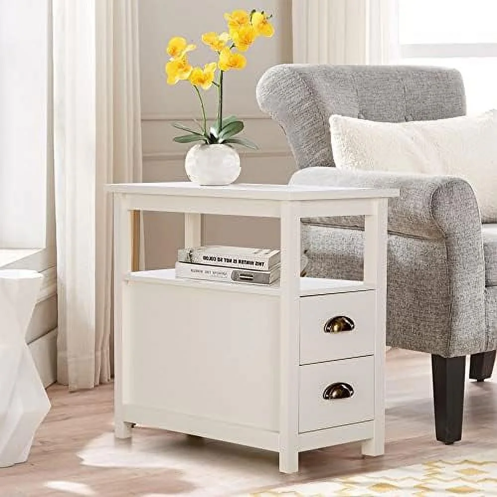 HOOMHIBIU Narrow End Table Set of 2 Nightstands Side Table with Drawer for Living Room Bedroom Small Space Skinny Sofa Table Bedside Tables Ivory
