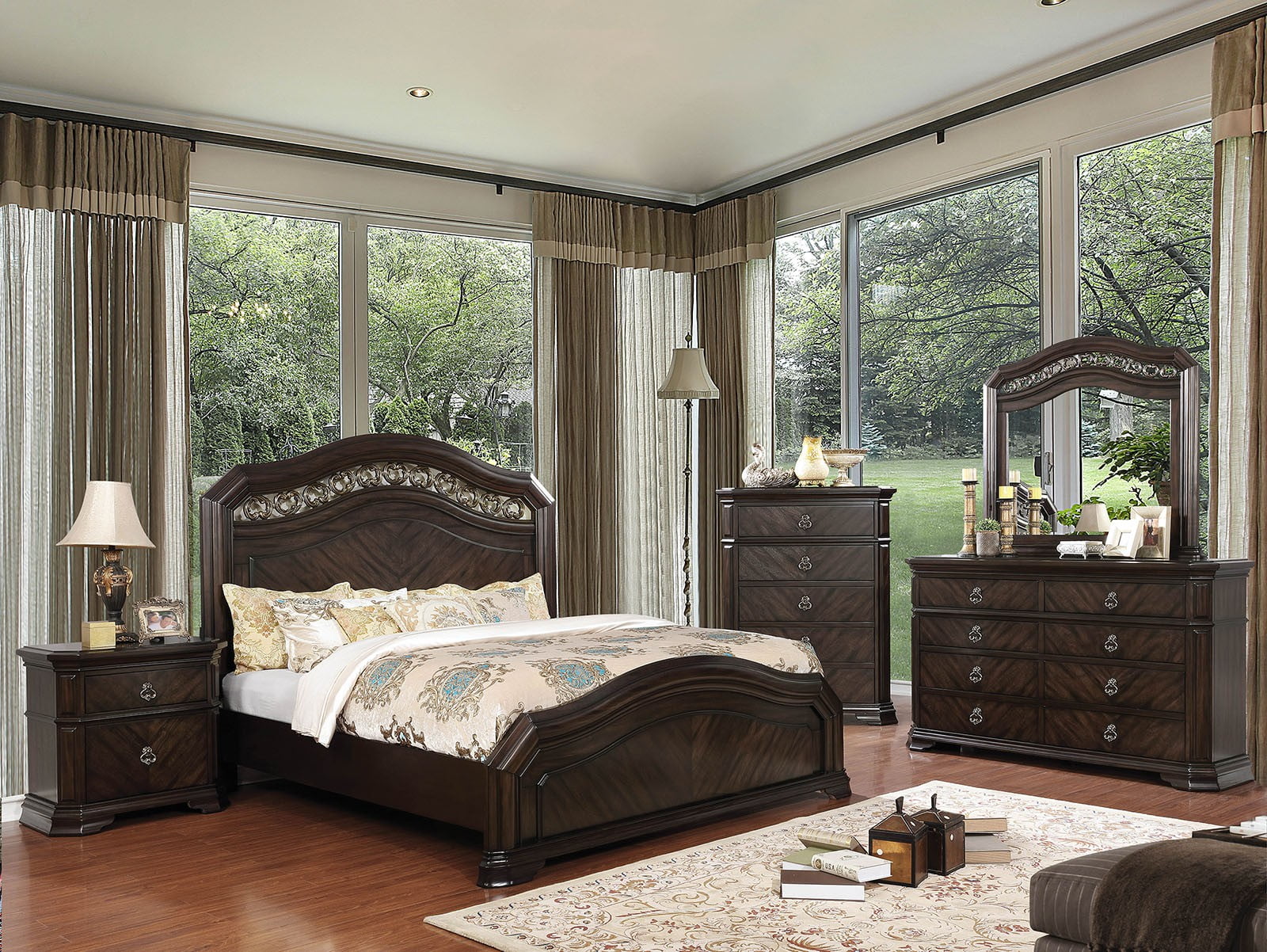 Bedroom Furniture Rich Espresso Finish Camel Back Design Queen Size Bed 4pc Set Dresser Mirror Nightstand Classic Intricate Wooden HB FB