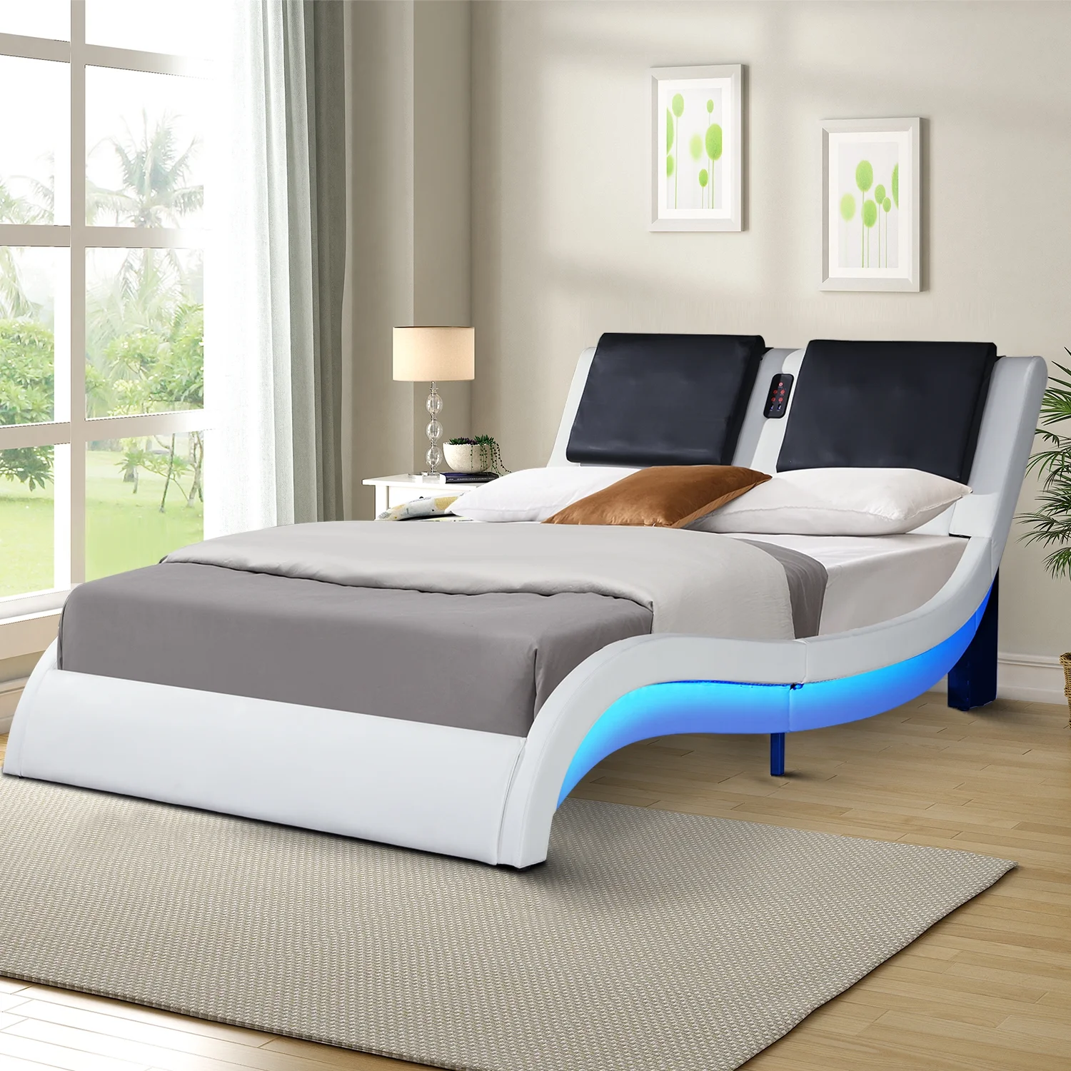 Modern Multifuntional King Size Faux Leather Upholstered Platform Bed with Curved Design and Wood Slat Support, White