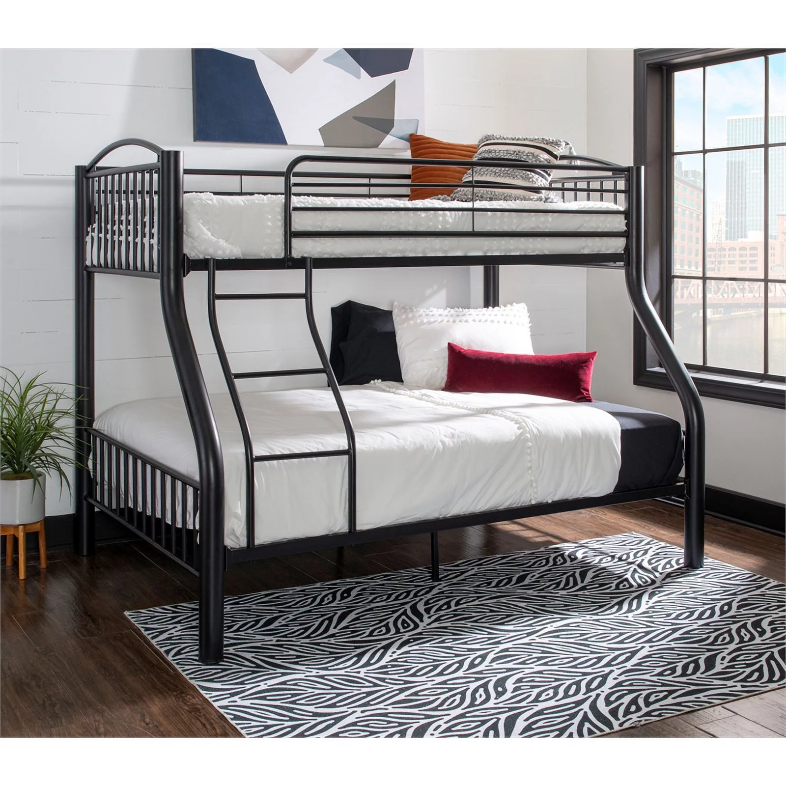 Pemberly Row Modern Heavy Metal Twin over Full Bunk Bed in Black