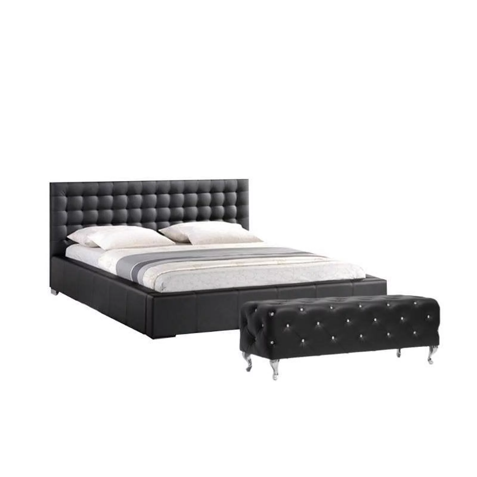 2 Piece Bedroom Set with Tufted Queen Platform Bed and Bench in Black