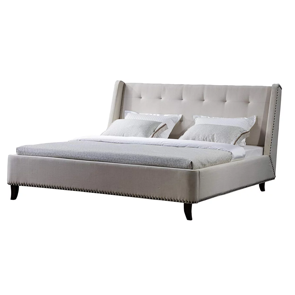 Fabric Upholstered Wooden Queen Sized Bed with Tufted Headboard and Nail Head Trim, Cream- Saltoro Sherpi