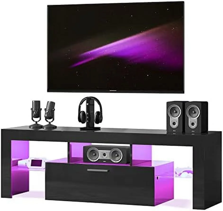 TJUNBOLIFE Modern LED TV Stand for 55/60/65/70/75 Inch TVs with LED Lights  High Gloss Gaming White Entertainment Centerwith with Open Shelves   TV Table Media Console for Living Room Bed