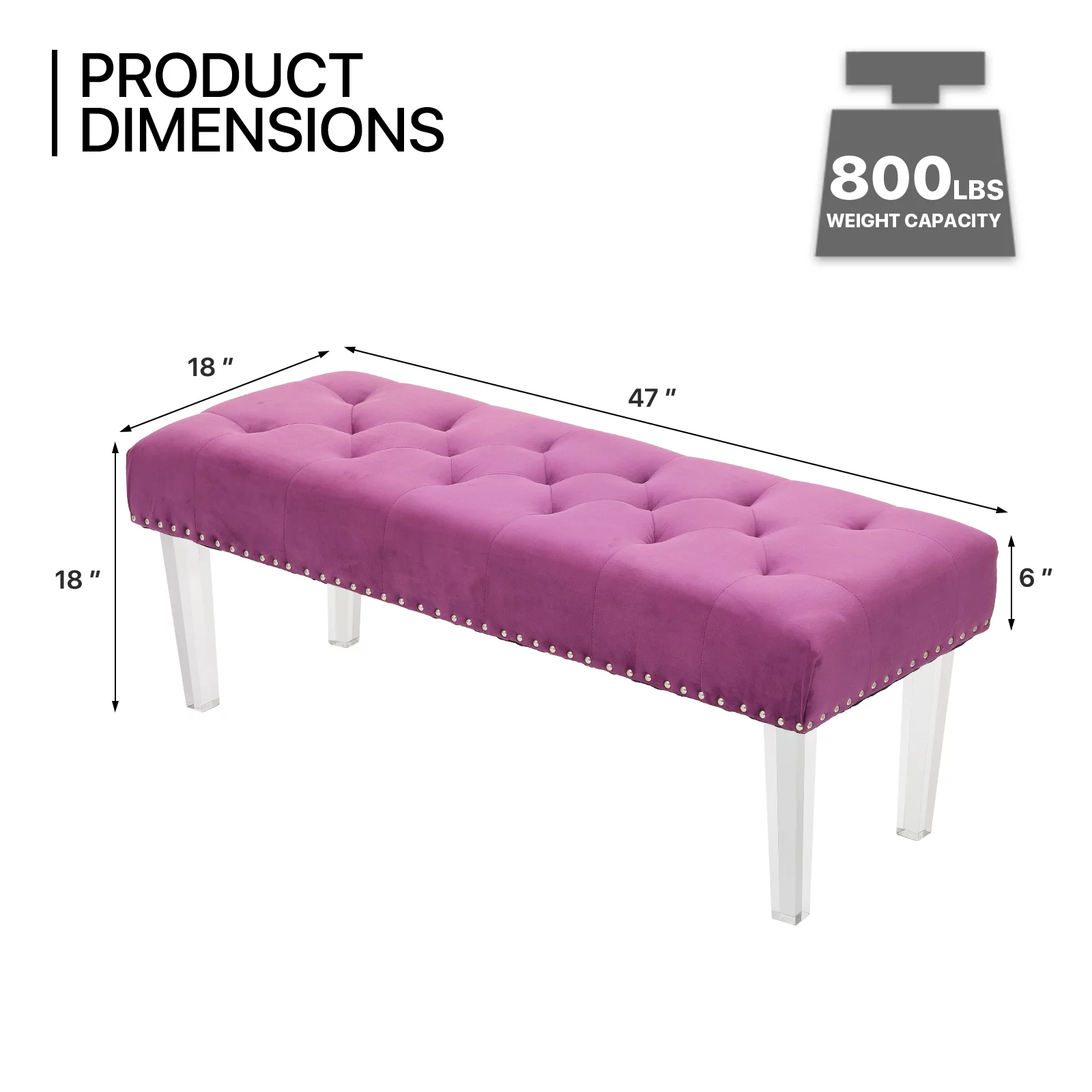 MoNiBloom Velvet Bench, Upholstered Ottoman Bench for Bedroom, End of Bed Bench Footrest Stool for Living Room Entryway, Tufted and Acrylic Legs, Purple
