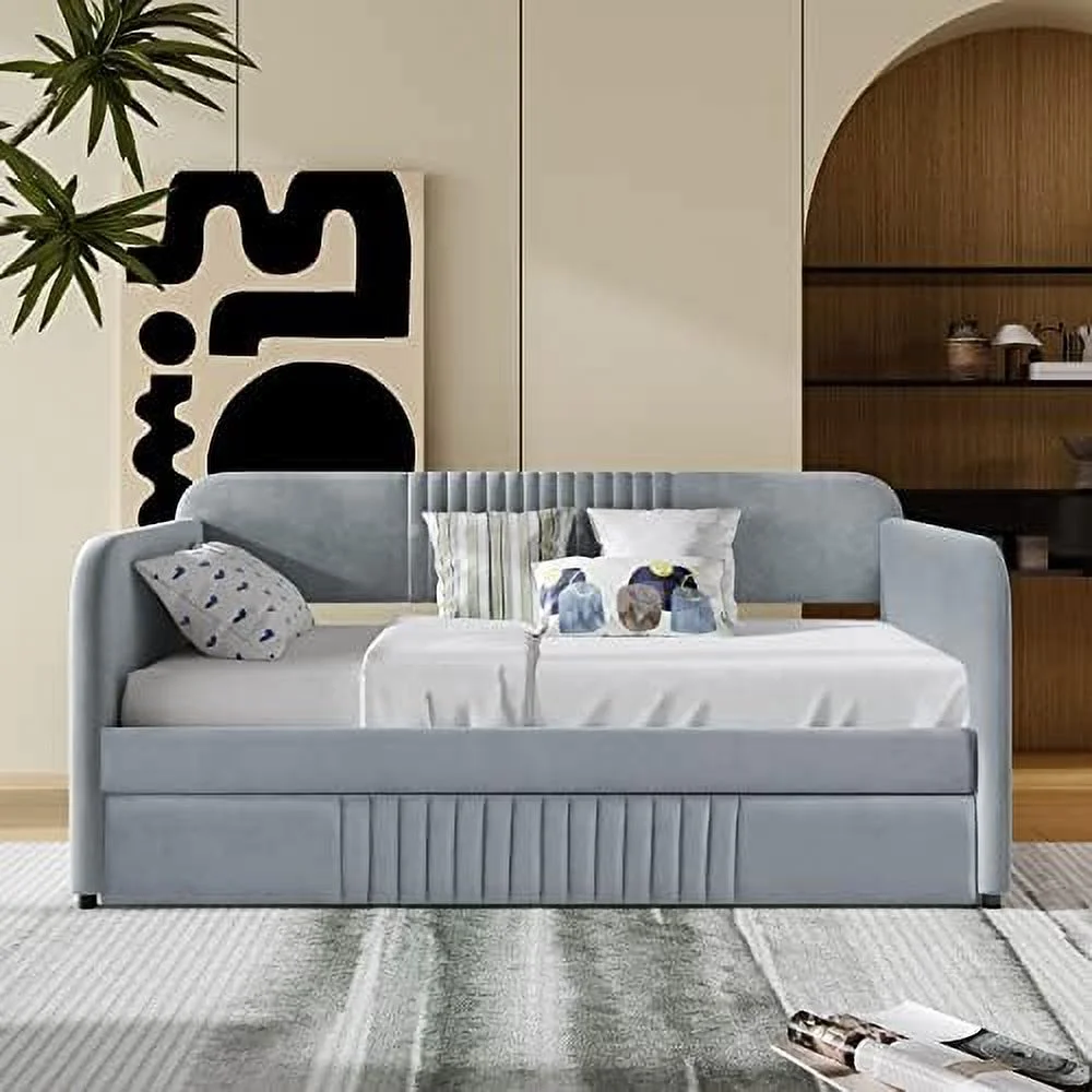 TJUNBOLIFE Twin Size Daybed with Trundle  Velvet Day Bed Frame with Modern Line Design  No Box Spring Needed  Upholstered Sofa Bed with Roll-Out Trundle for Bedroom  Living Room  Guest Ro