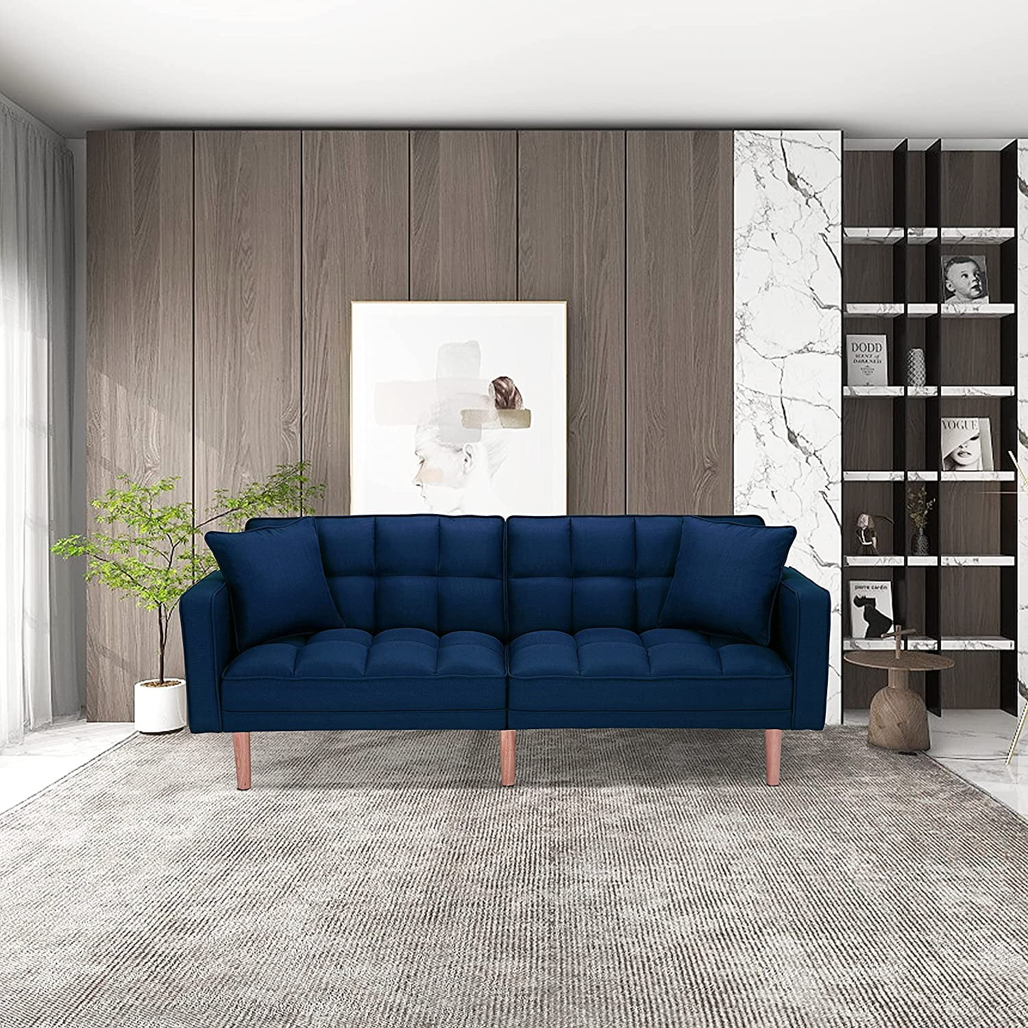 Futon Sofa Bed Convertible Sofa Bed Mid-Century Modern Sleeper Sofa for Living Room (Dark Blue)
