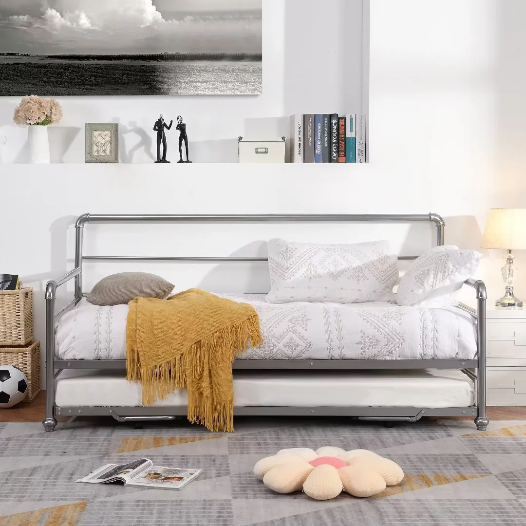 Twin Size Expand Daybed with Adjustable Pop Up Trundle for Bedroom Living Room, Extend Metal Bed Twin to King Size for Boys Girls Adults Space Saving No Box Spring Need (Silver)…