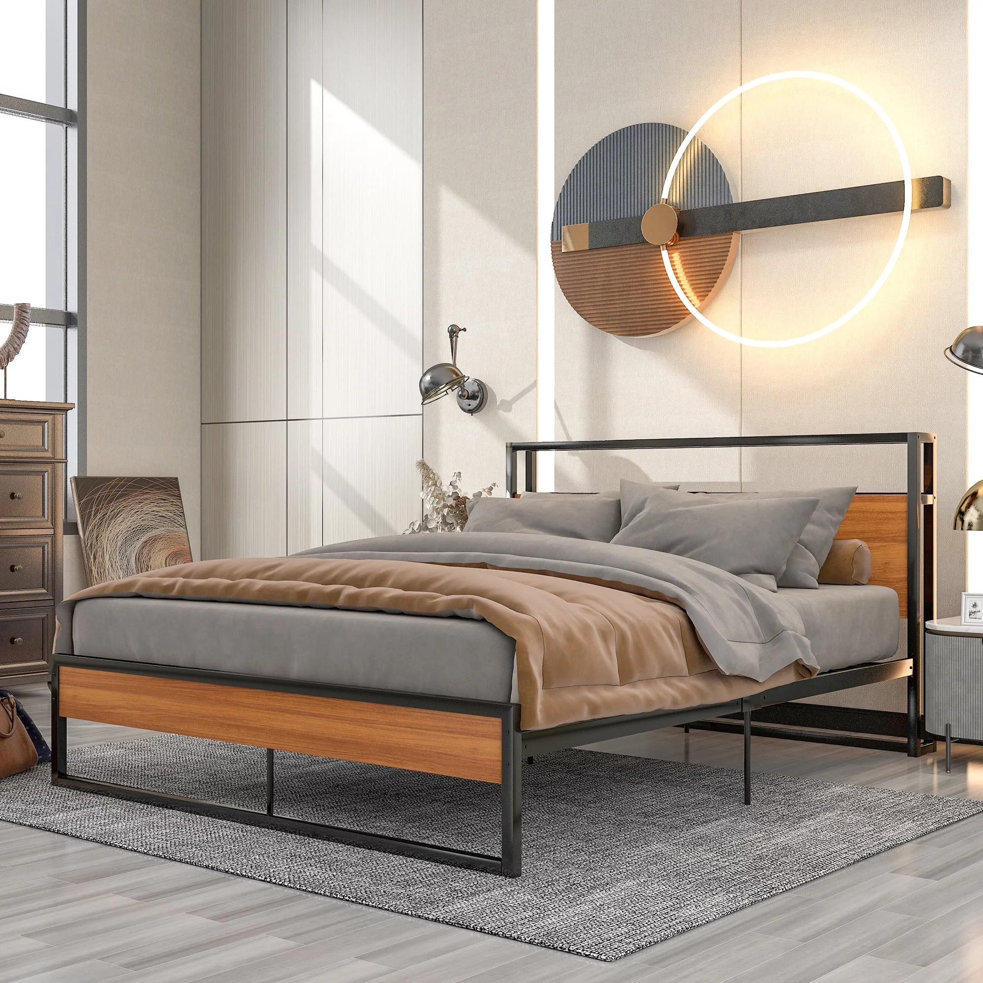 Metal Full Bed Frame, Full Size Platform Bed Frames with Wood Headboard, Sockets and USB Ports, Sturdy Steel Slat Support for Bedroom, No Box Spring Needed, Black