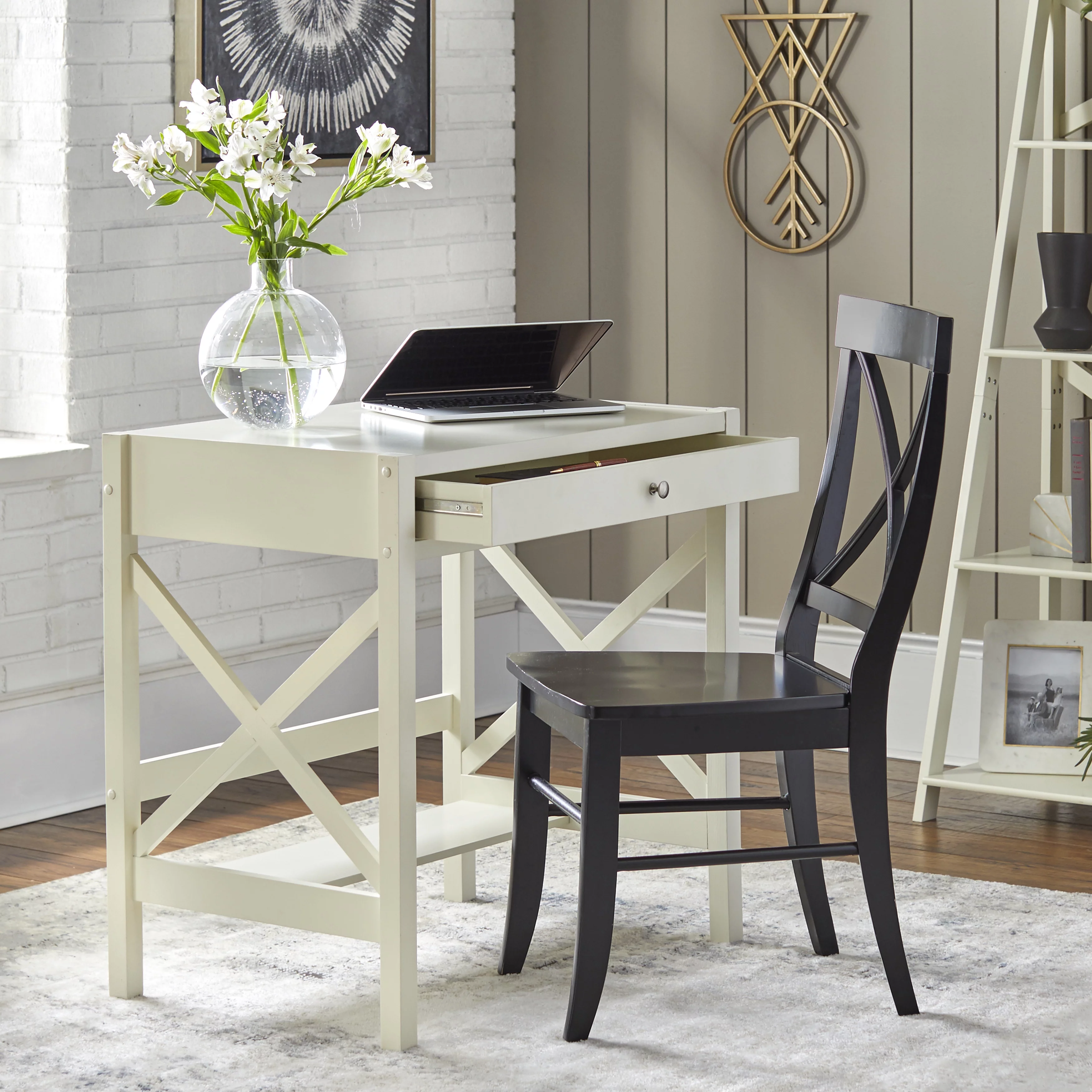 X Desk with Pull-out Drawer and Shelf, White