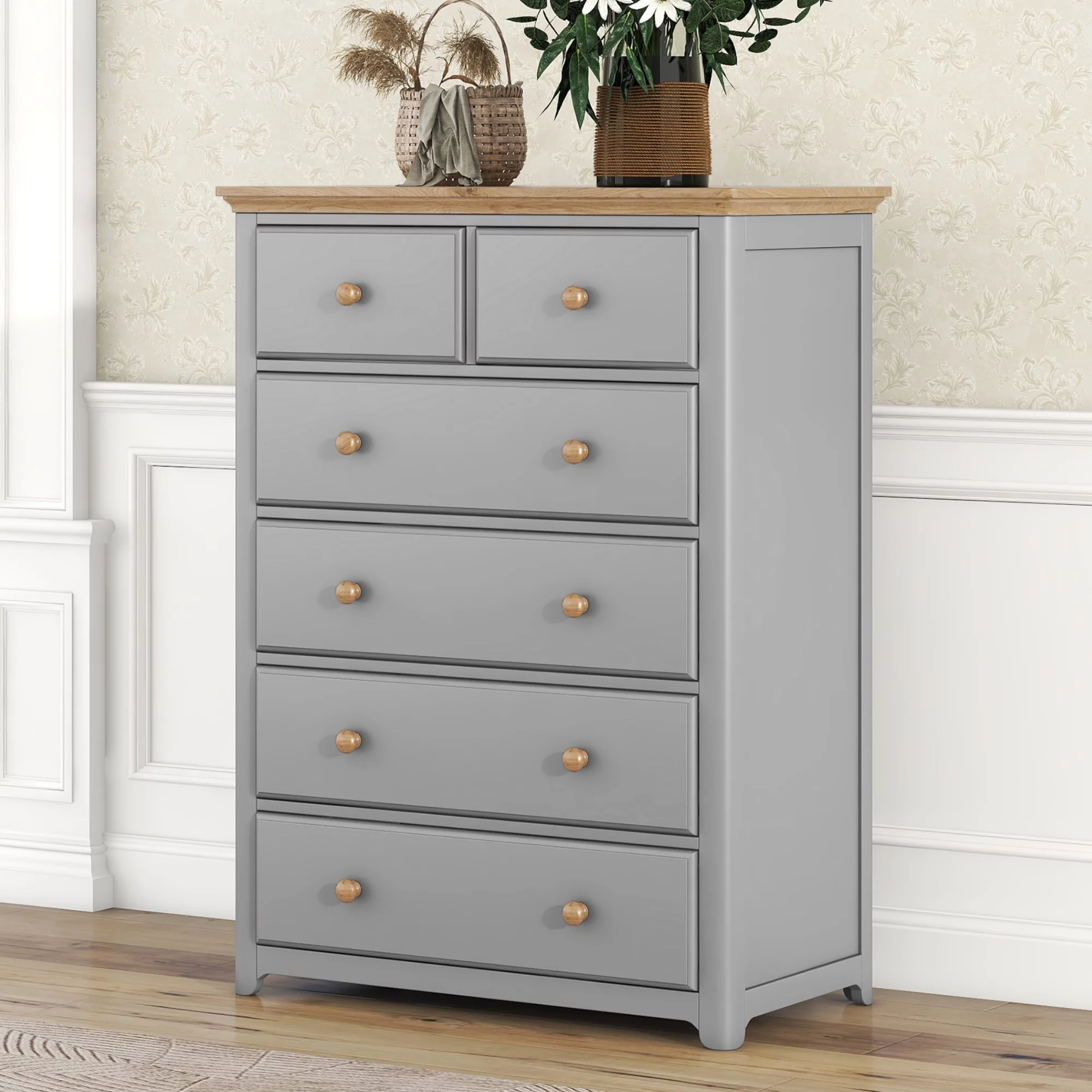 Docooler Rustic Wooden Chest with 6 Drawers, Storage Cabinet for Bedroom, Gray+Natrual