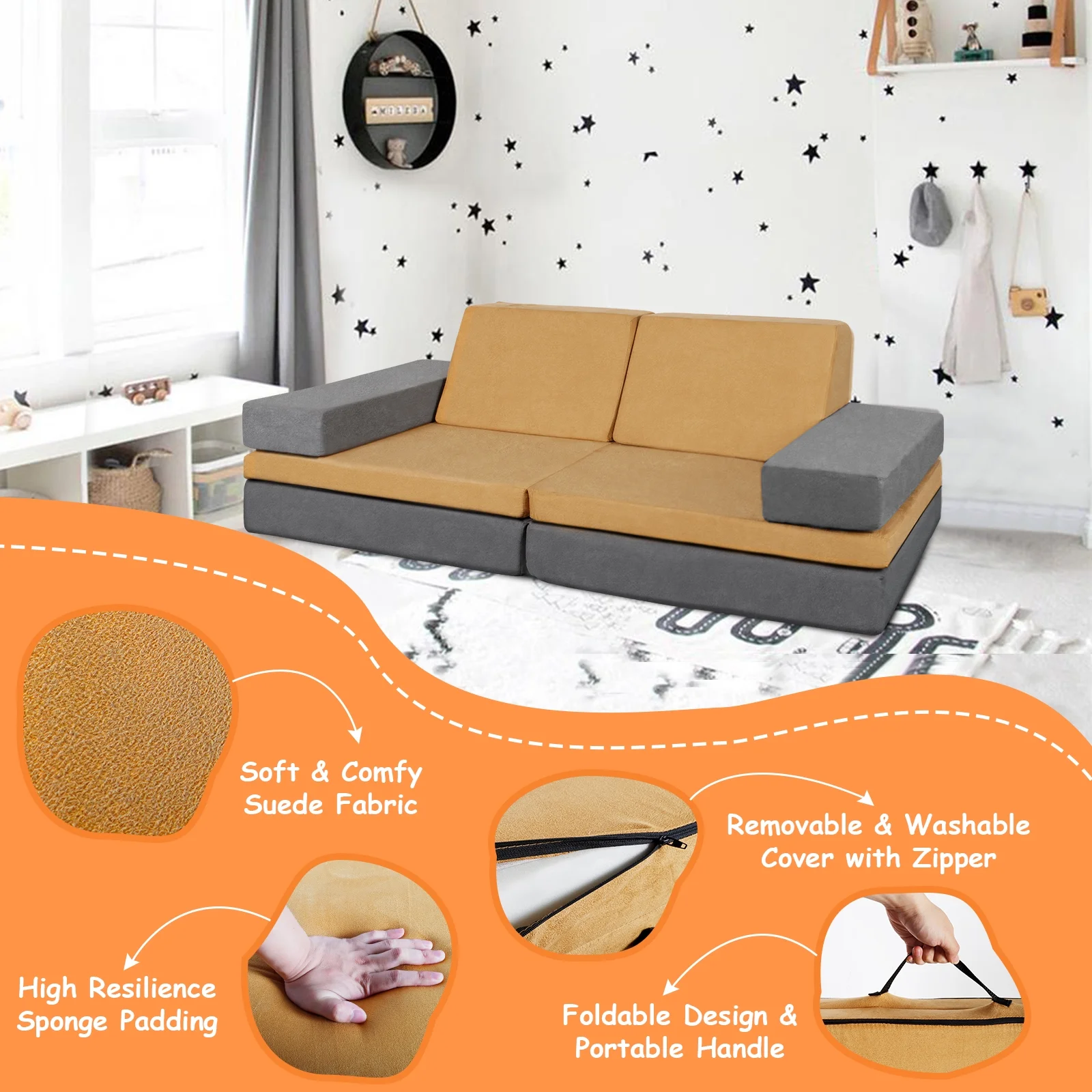 Polar Aurora 6-Piece Foldable Convertible Kids Play Couch Set Modular Foam Play Huddle Couch Sofa L
