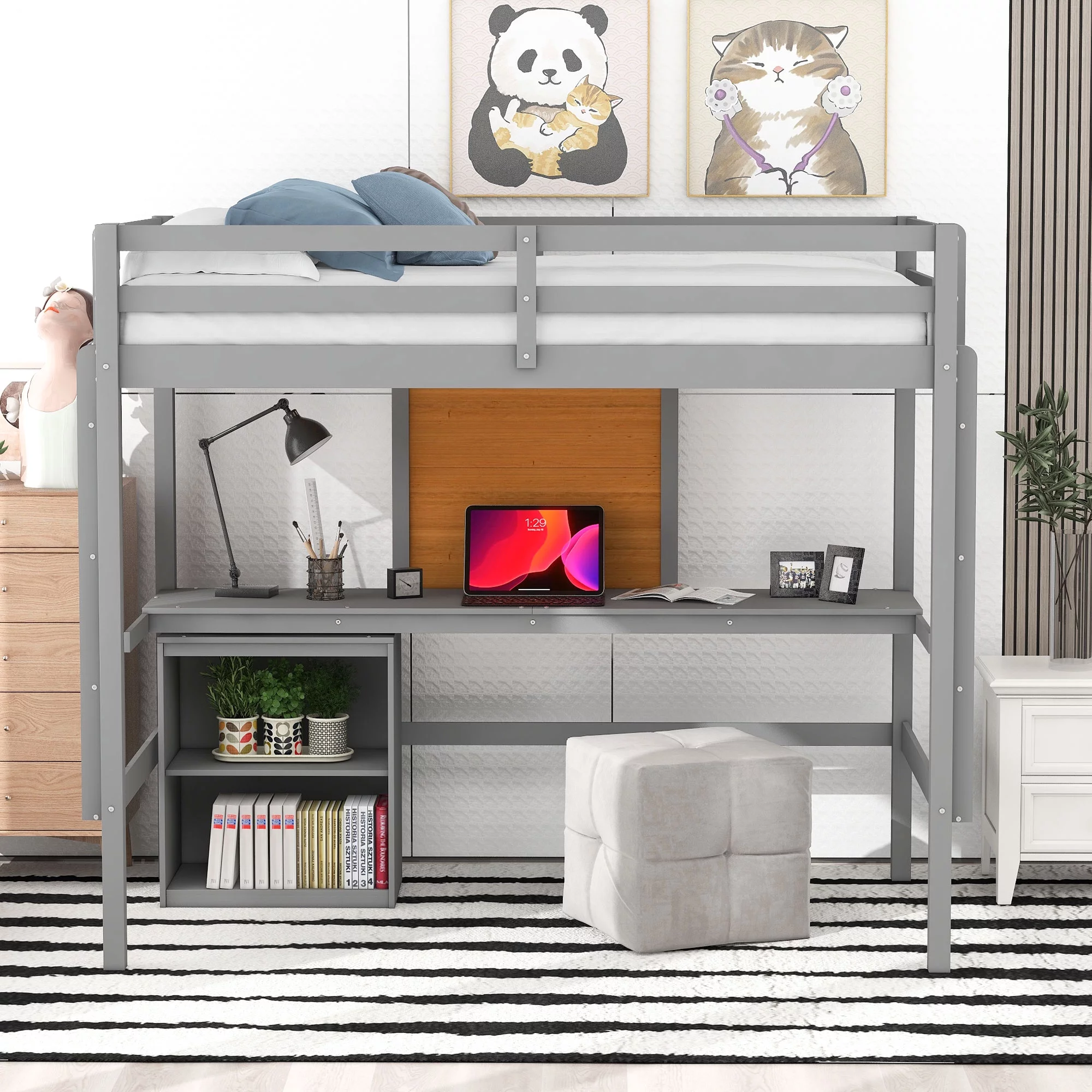 CoSoTower Twin size Loft Bed with Desk and Writing Board, Wooden Loft Bed with Desk & 2 Drawers Cabinet- Gray