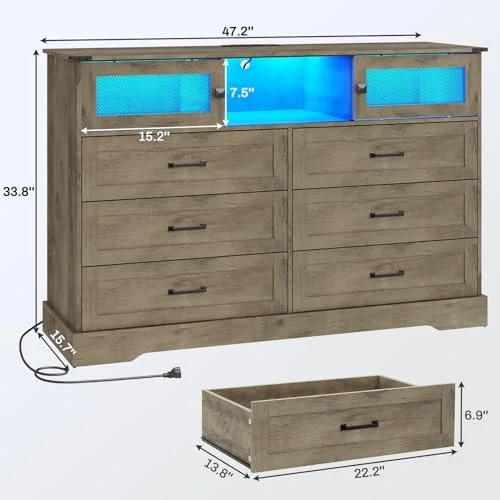 xrboomlife Farmhouse 6 Drawer Dresser with Charging Station  LED Dresser with 2 Sliding Doors  Wood Wide Chest of Drawers   Dressers Organizer for Bedroom  Living Room  Rustic Oak