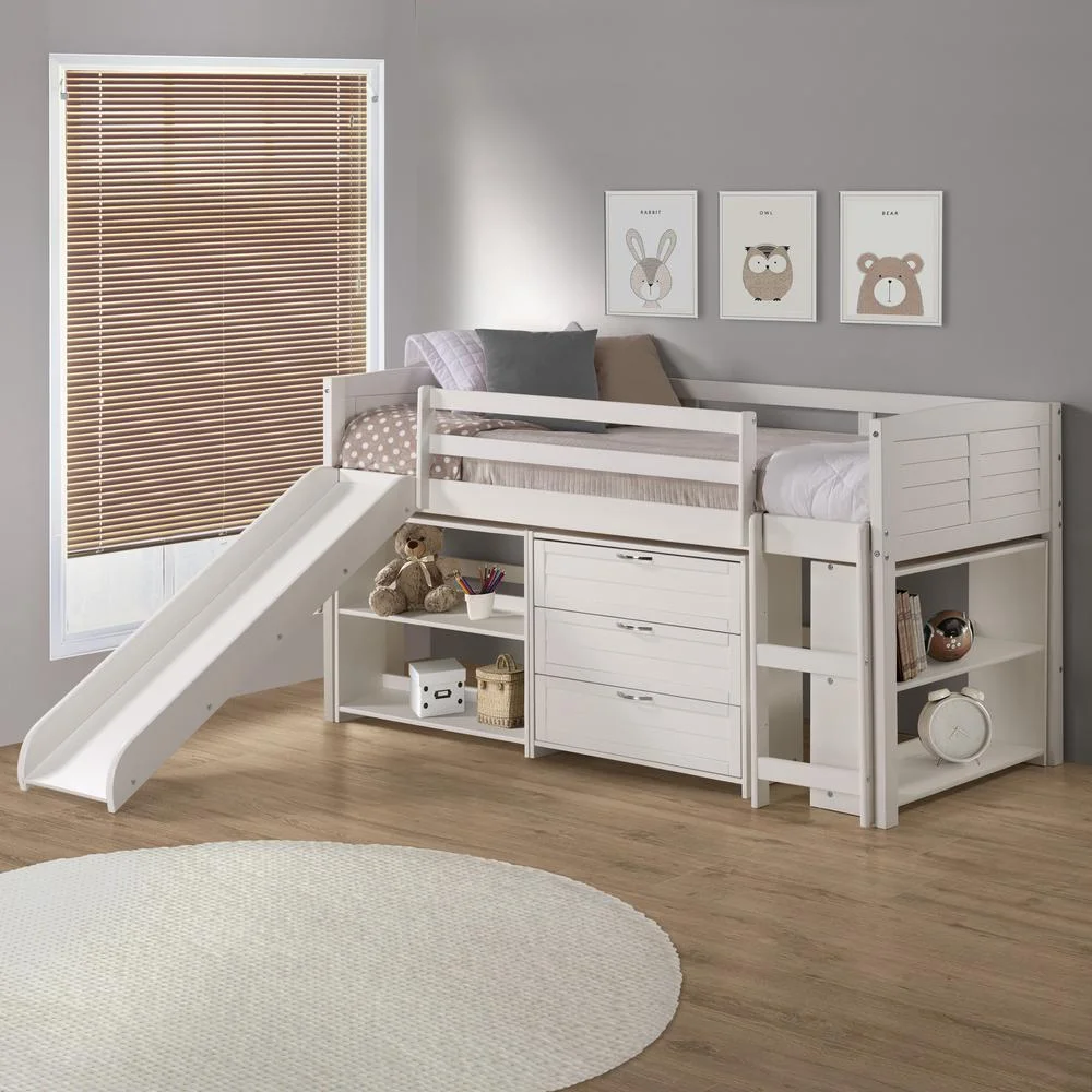 Donco Kids PD-790AW-C2-785W Twin Size Louver Low Loft Bed in White with Slide, 3 Drawer Chest, Small & Large Bookcases