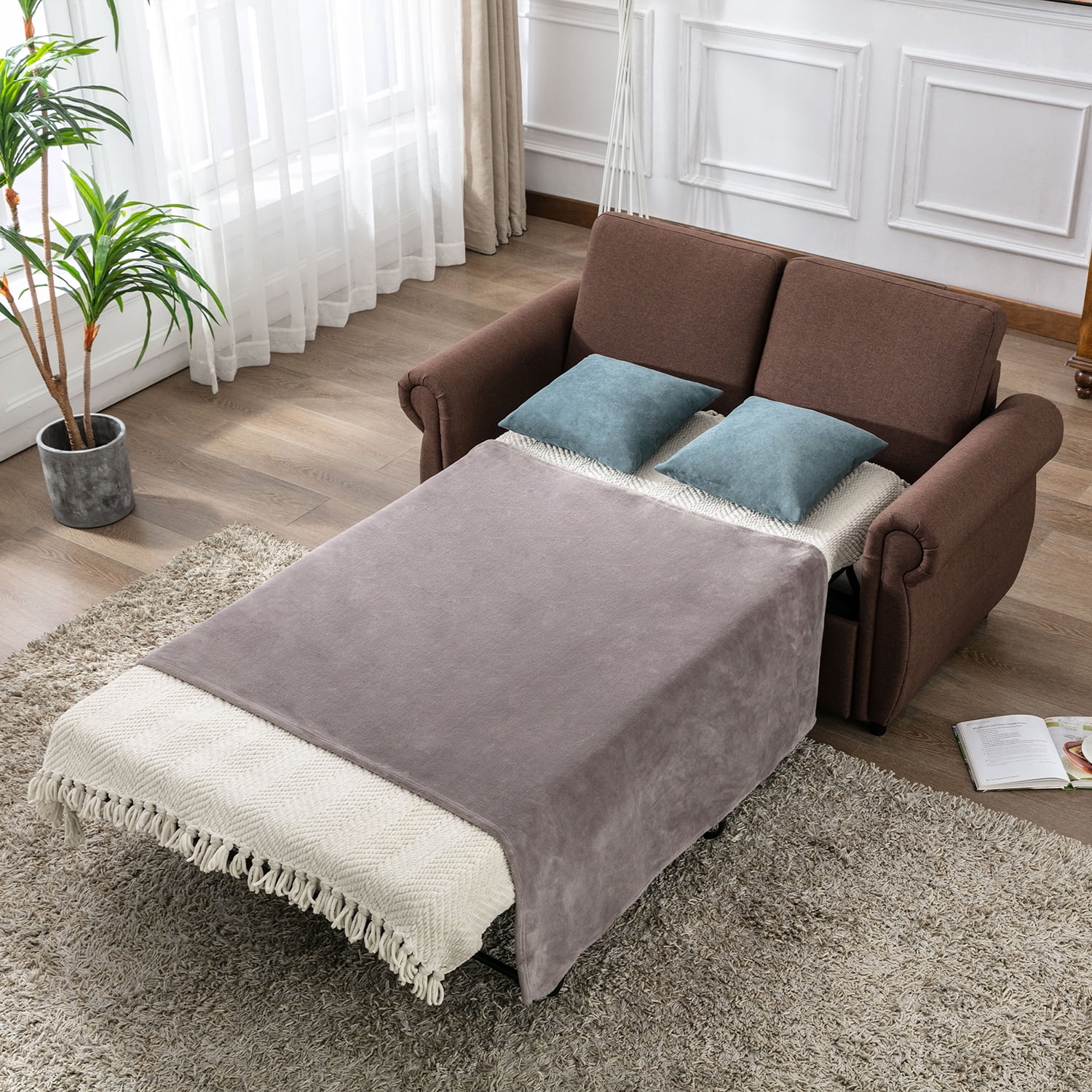 Churanty Convertible Sofa Bed Pull Out Sleeper Loveseat Couch Bed with Memory Foam Mattres for Small Space,Brown