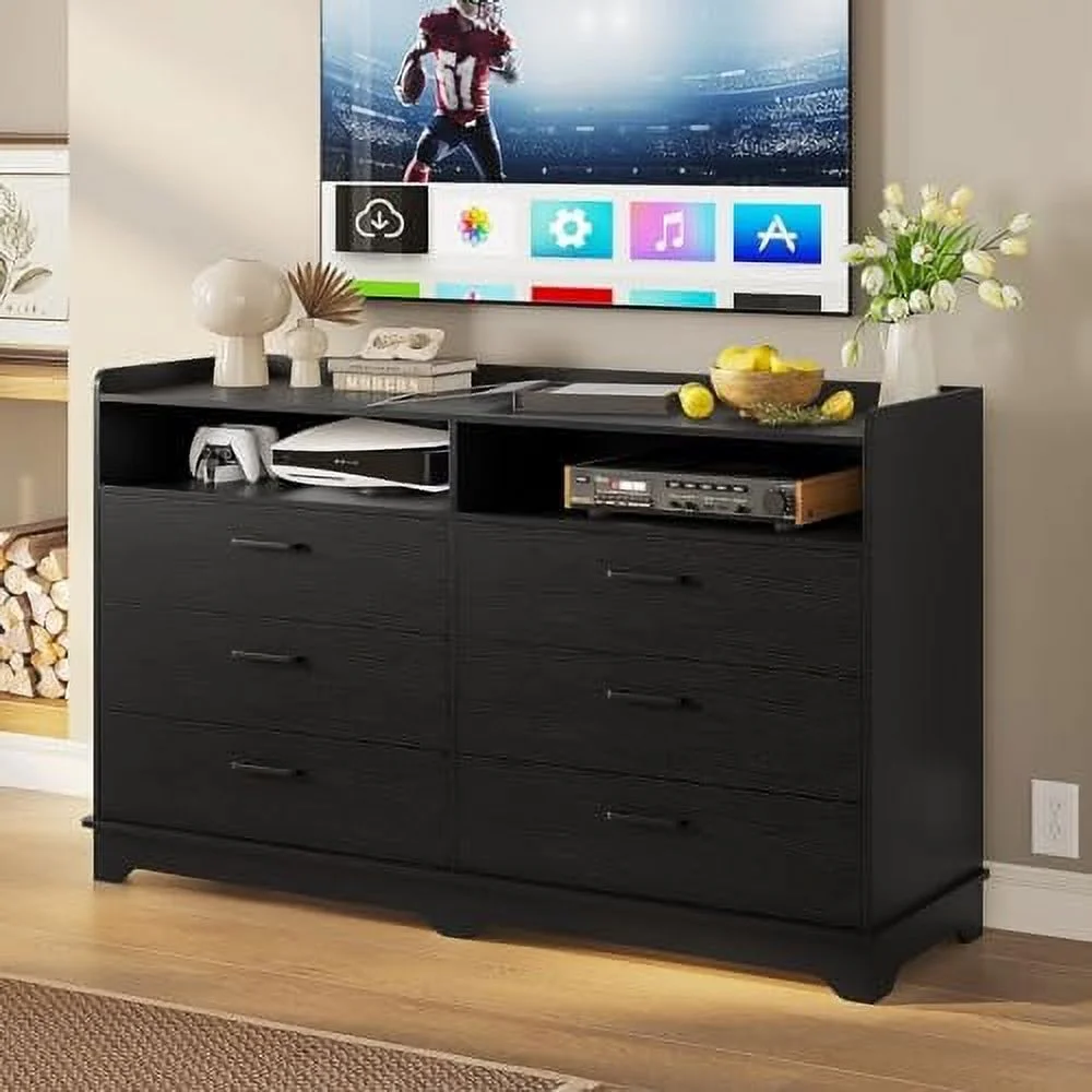 6 Drawers Dresser for Bedroom Chests of Drawers Black Double Dresser with Drawers and Cubby 14.6" D x 46.1" W x 33.6" H
