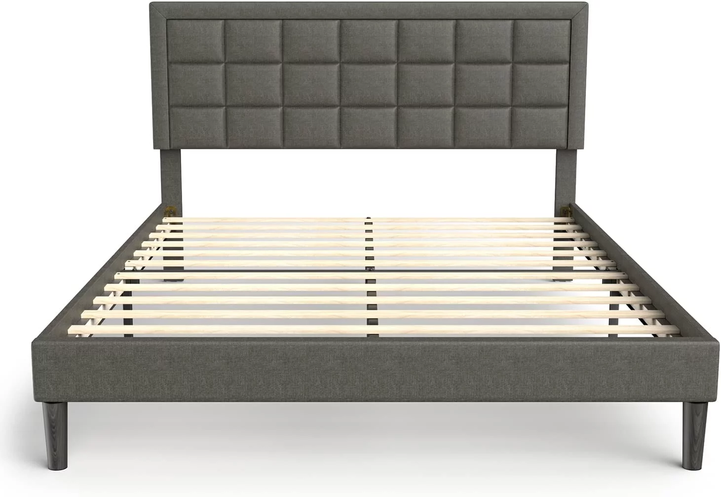 Bonsoir Queen Size Upholstered Low Profile Modern Platform Bed Frame with Tufted Headboard/No Box Spring Needed/No Bed Skirt Needed/Linen Fabric Upholstery/Charcoal Grey