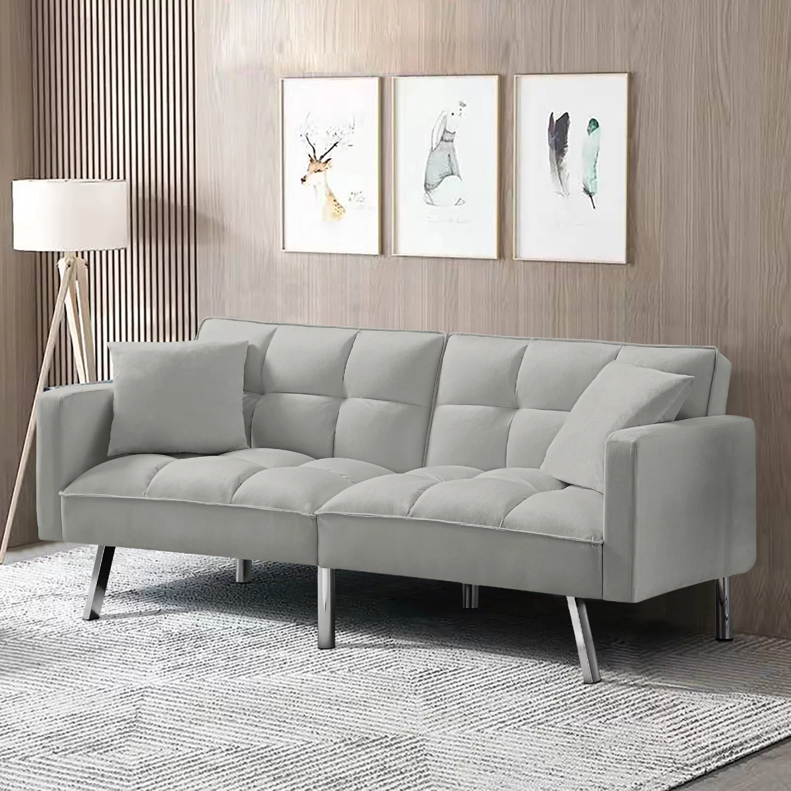 BSHTI 74 Inch Wide Modern Tufted Futon Sofa Bed,Velvet Upholstered Convertible Sofa couch, Square Arms & Sturdy Metal Chrome Plated Legs