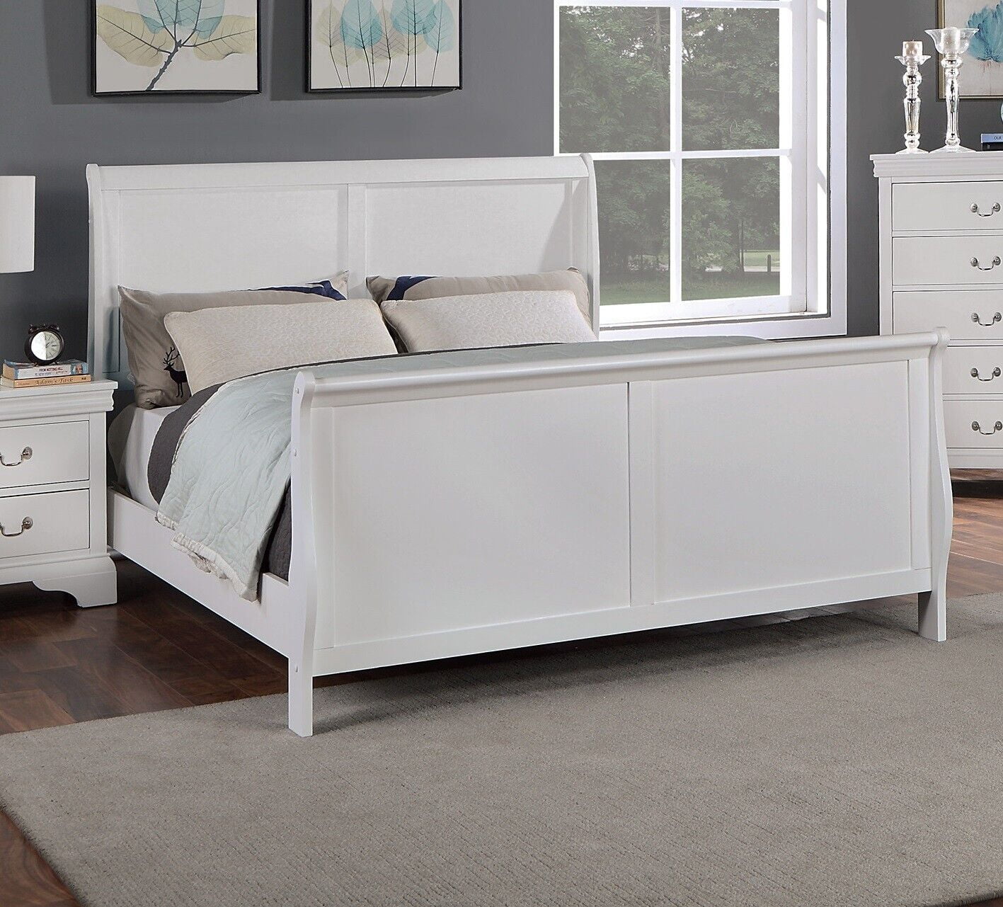 White Color Wooden Bedroom Furniture 1pc California king Size Bed Contemporary Modern Bedframe Sleigh Design